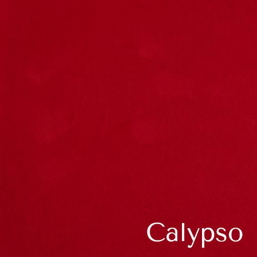 A vibrant red fabric swatch labeled Calypso with a soft velvet texture.