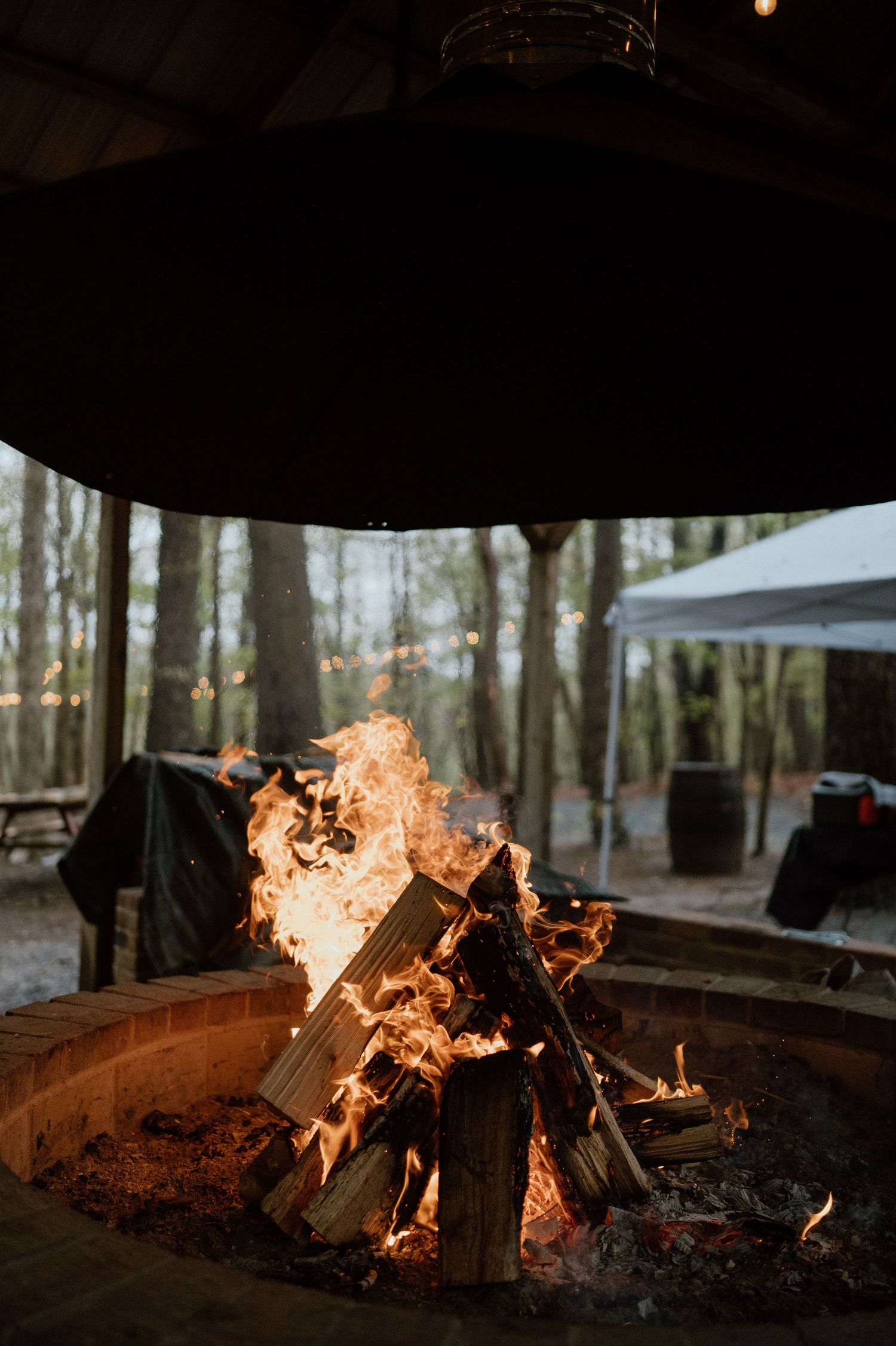 A roaring campfire blazes under a dark shelter with trees visible in the background.
