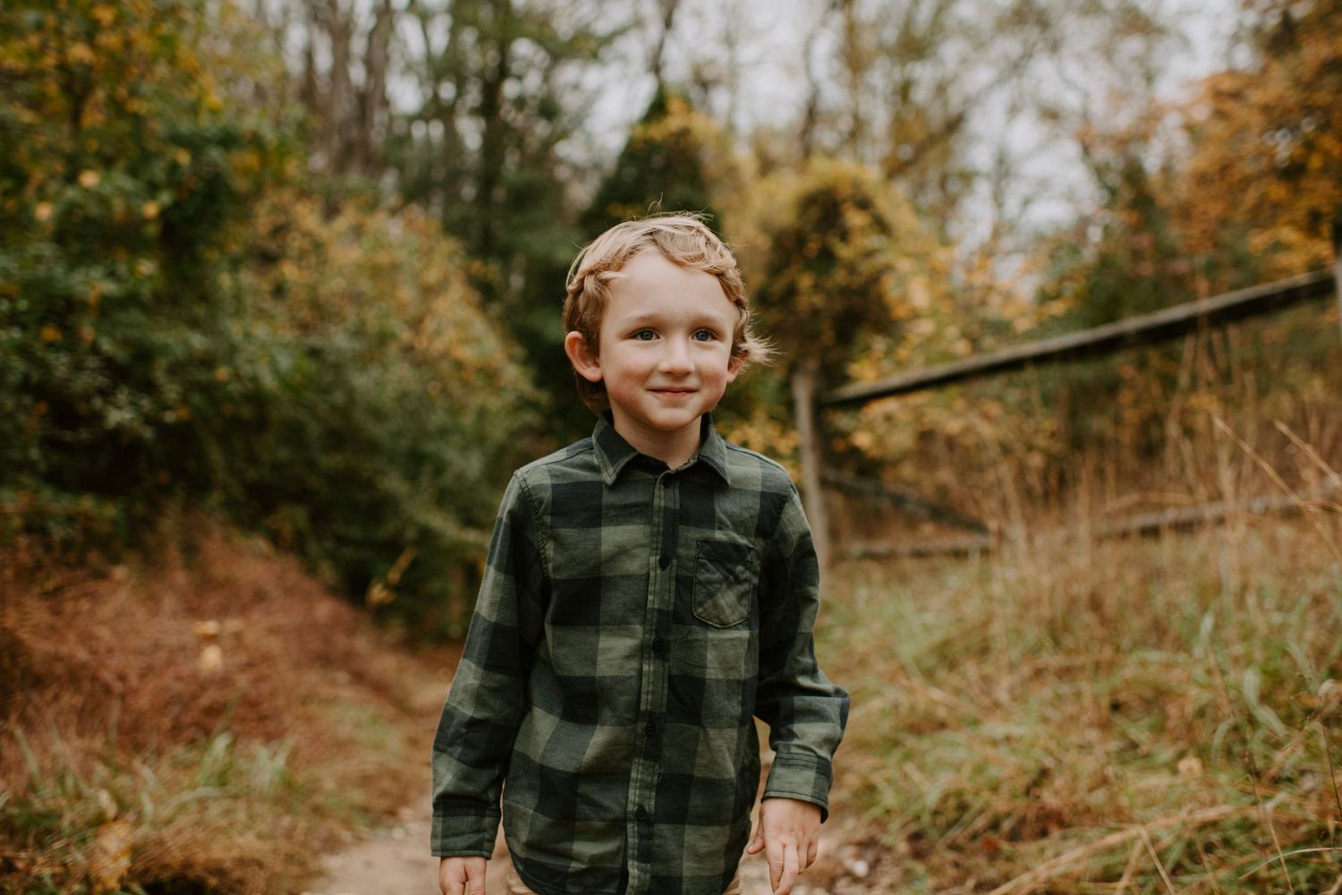 Young child wearing green plaid flannel shirt standing in autumn woods.