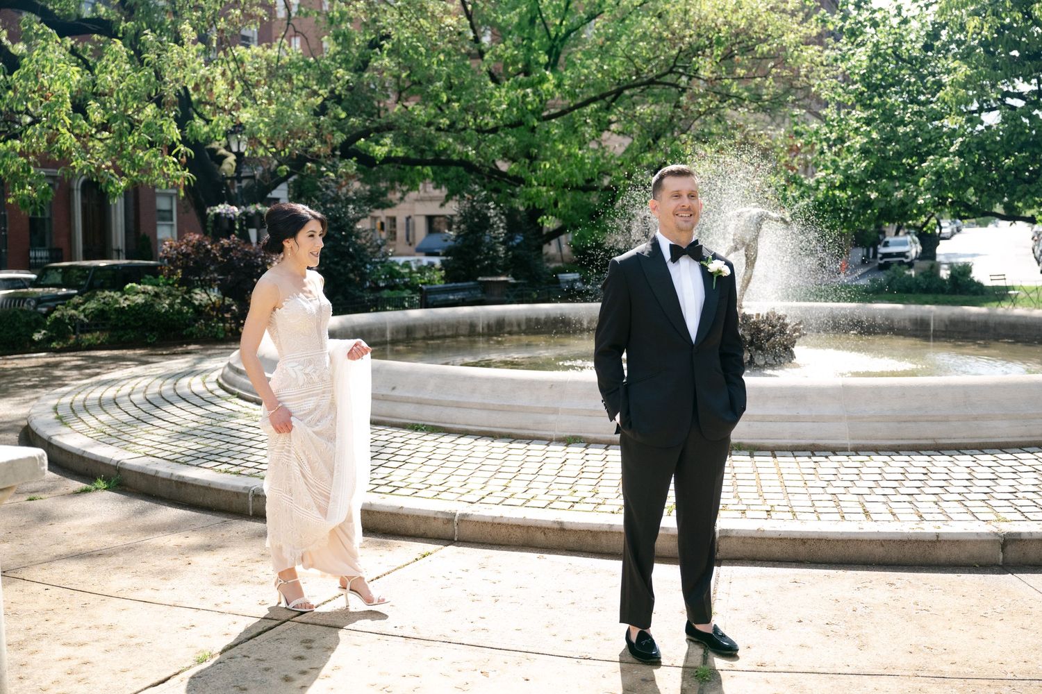 A couple in wedding attire poses in a series of romantic shots along a curved brick pathway in an outdoor garden setting.
