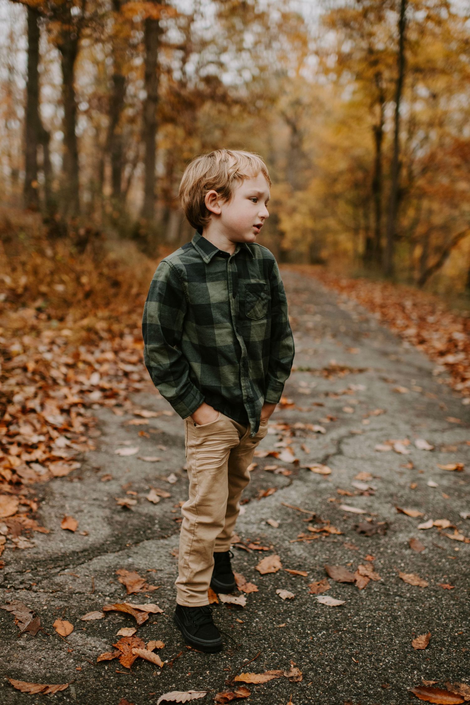Child in plaid shirt poses on leaf-covered forest path during fall.