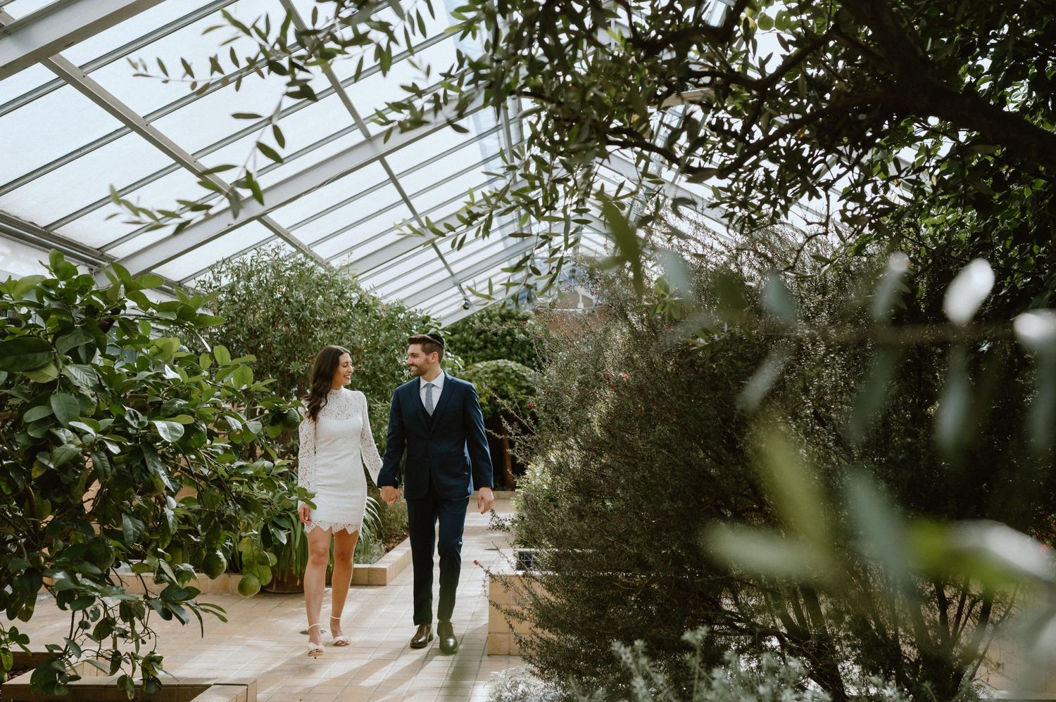 A couple walks hand in hand through a sunlit greenhouse filled with lush tropical plants.