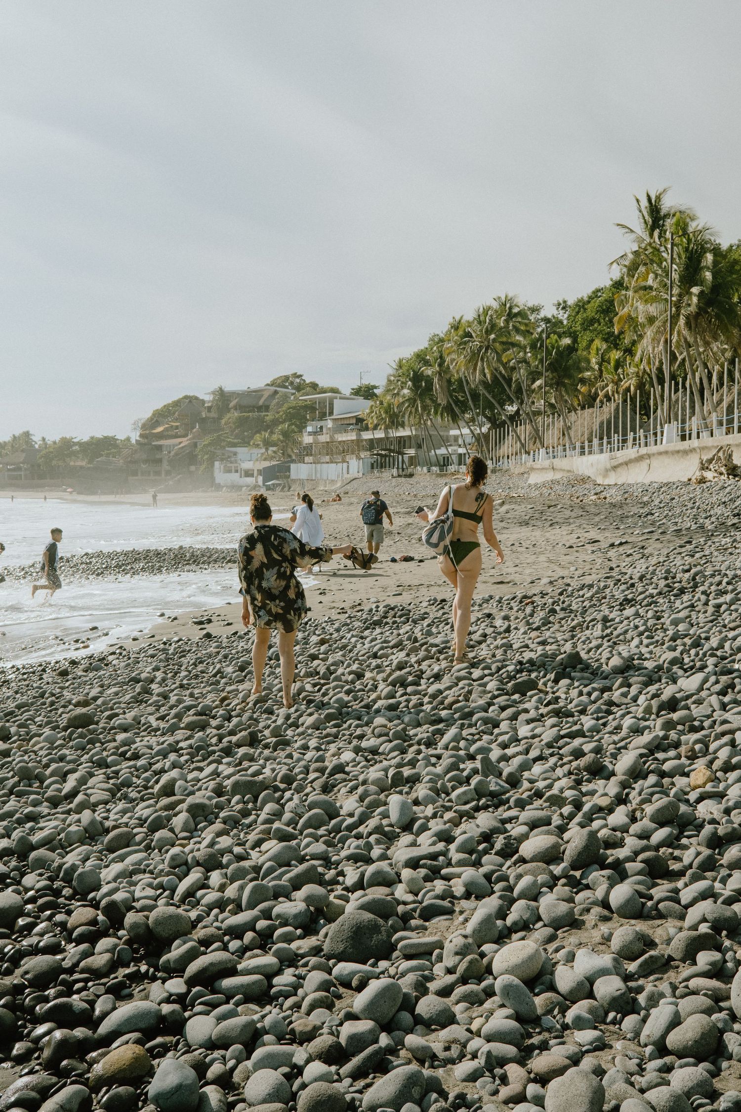 People walking along a rocky beach lined with palm trees and coastal homes.