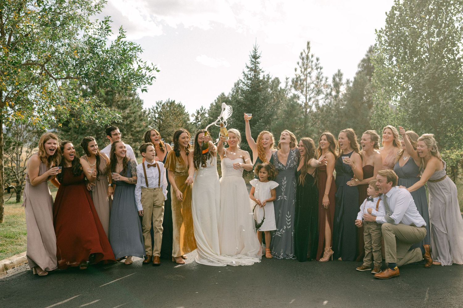 Large wedding party poses together outdoors wearing mix of formal dresses in various colors.