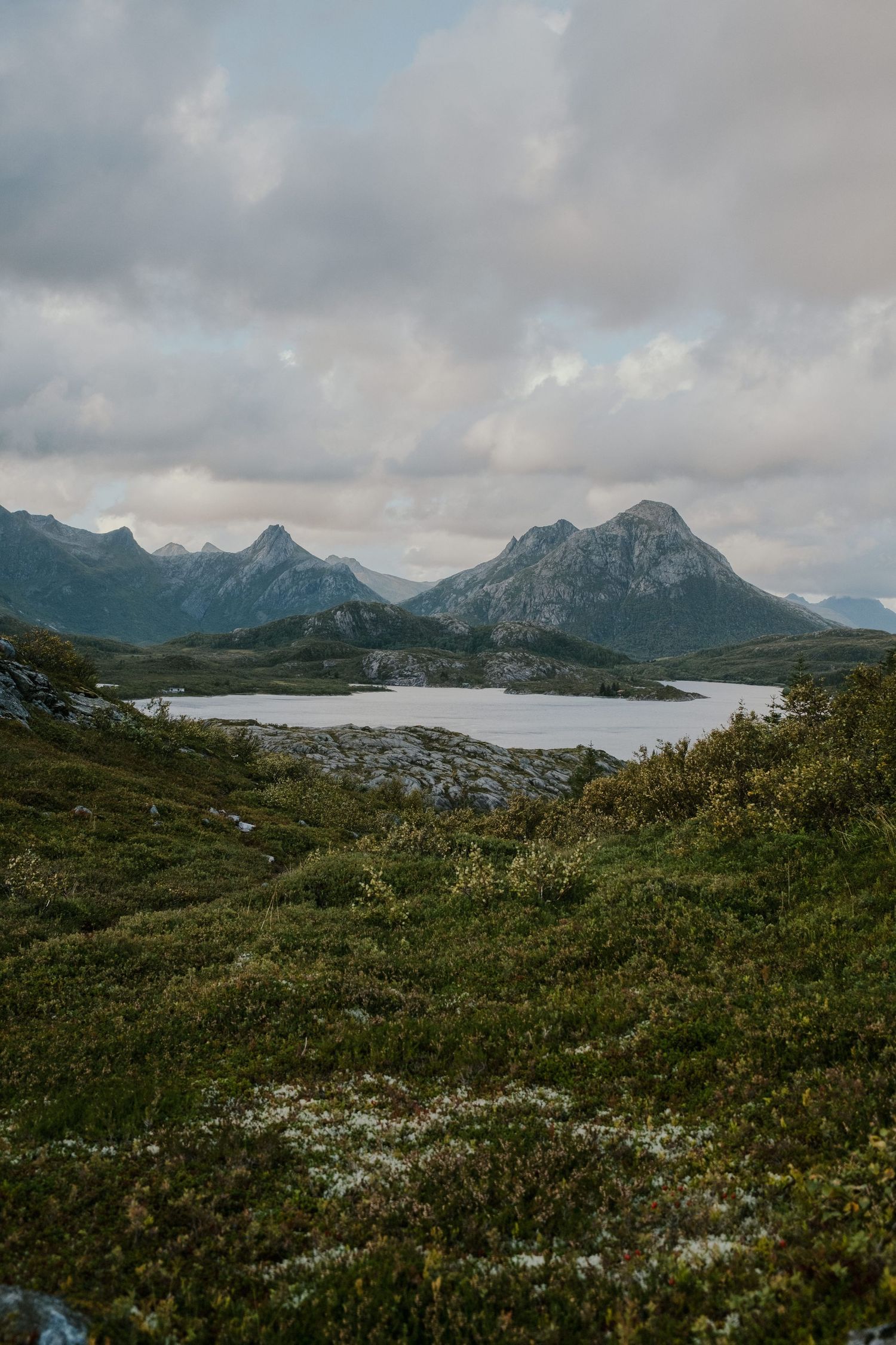 Mountain peaks rise above a pristine lake surrounded by green tundra landscape.