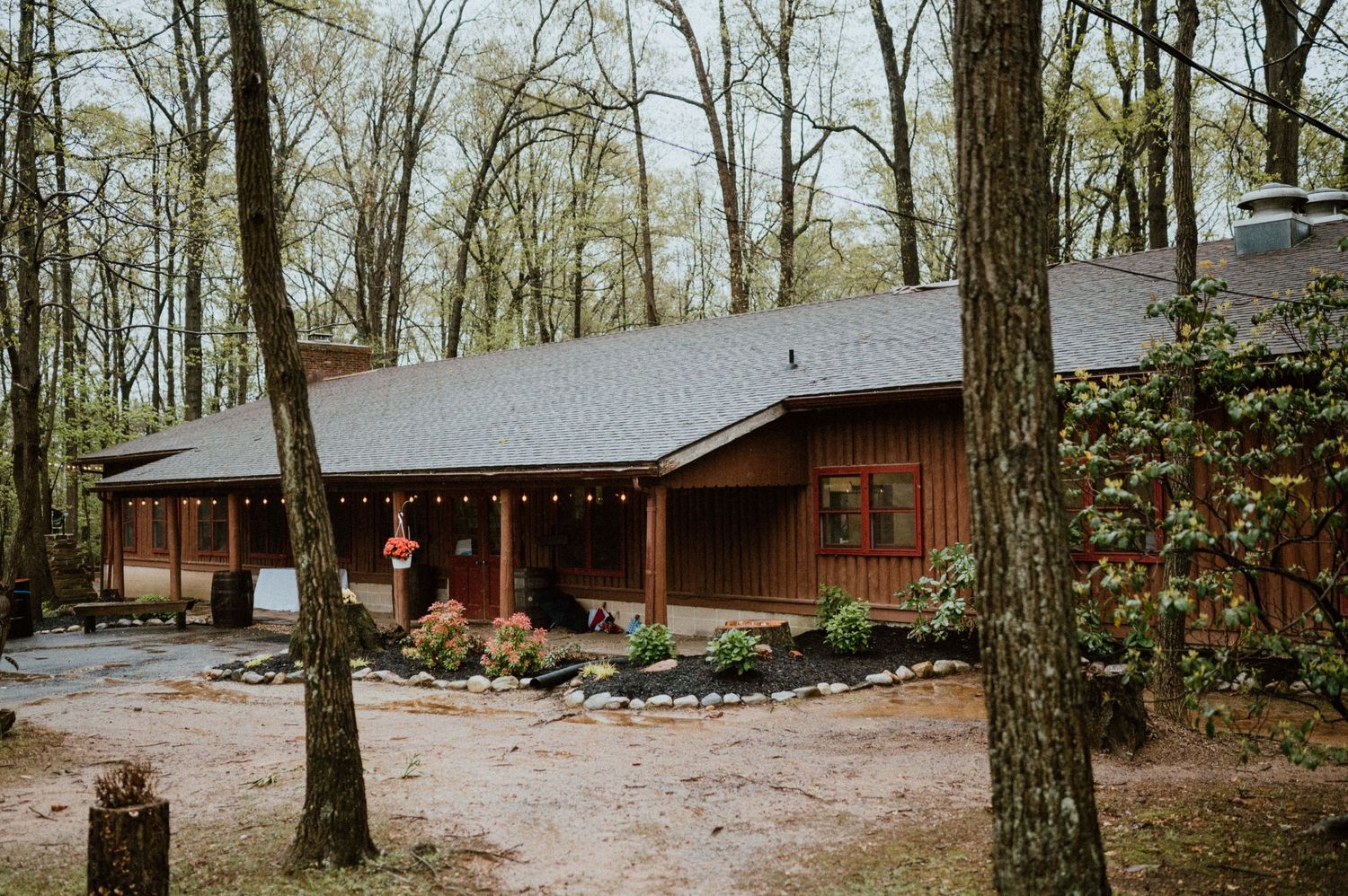 A rustic brown wooden cabin nestled among trees with a long covered porch and landscaped entrance.