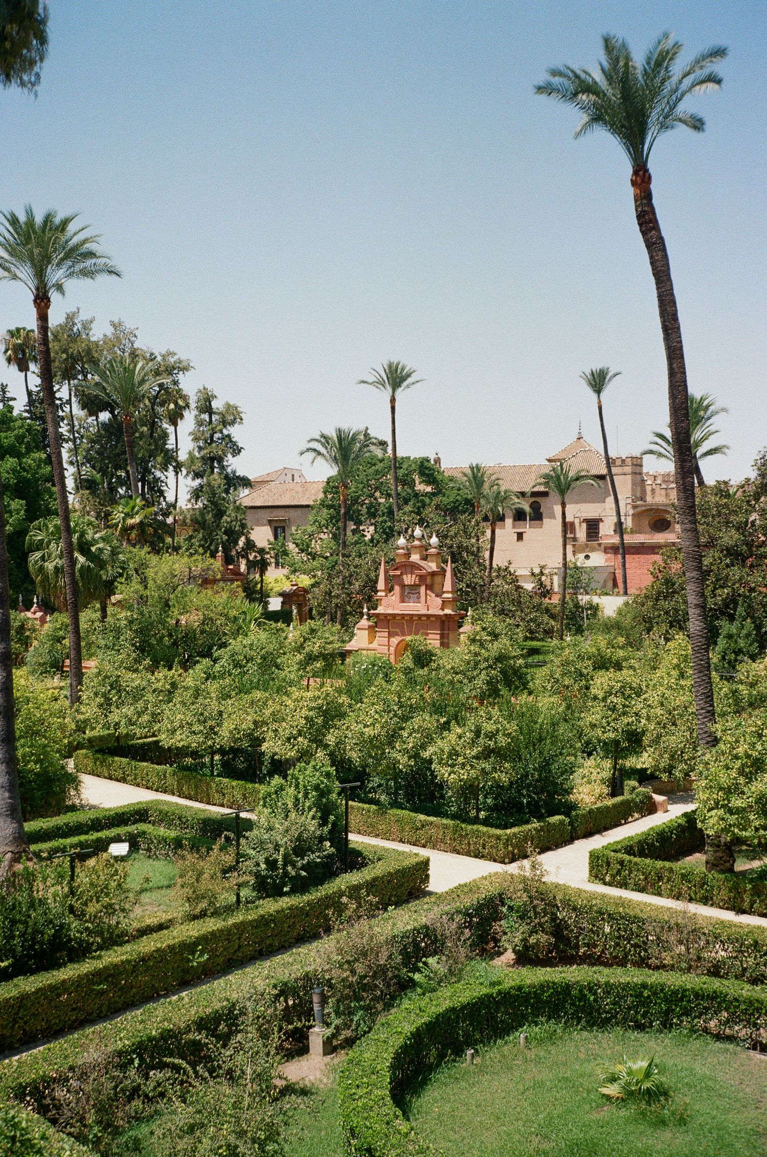 Manicured garden with palm trees and hedges surrounding Mediterranean style buildings.