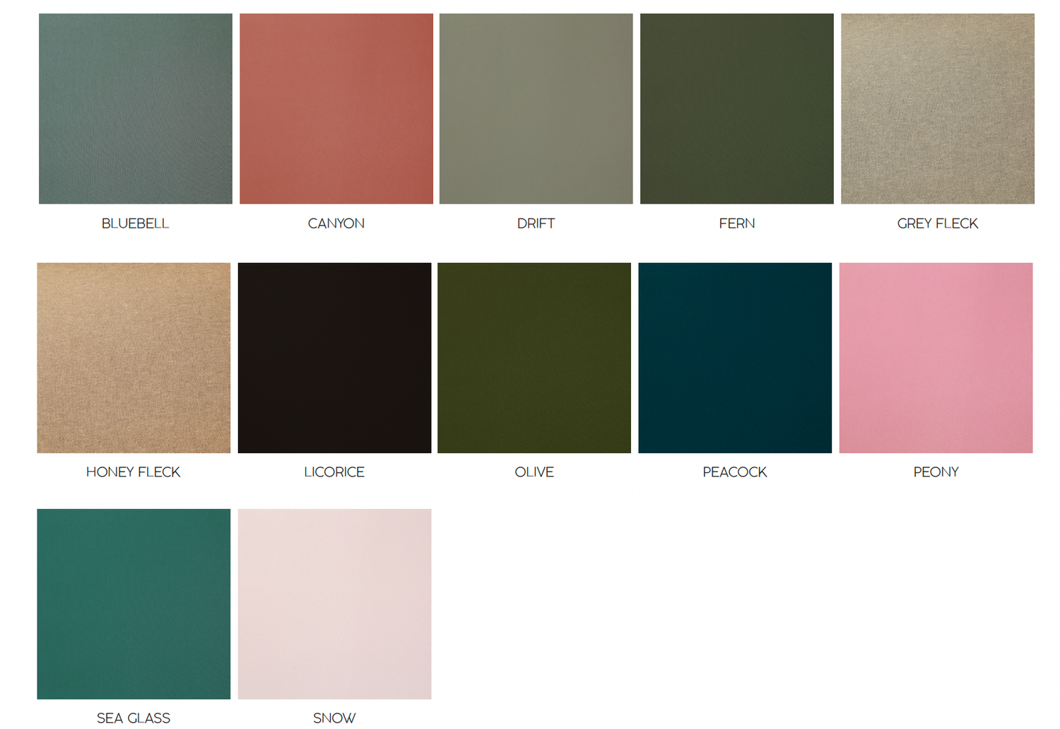 Color swatch chart showing 13 fabric options including Bluebell, Canyon, Drift, Fern, Grey Fleek, Honey Fleek, Licorice, Olive, Peacock, Pec