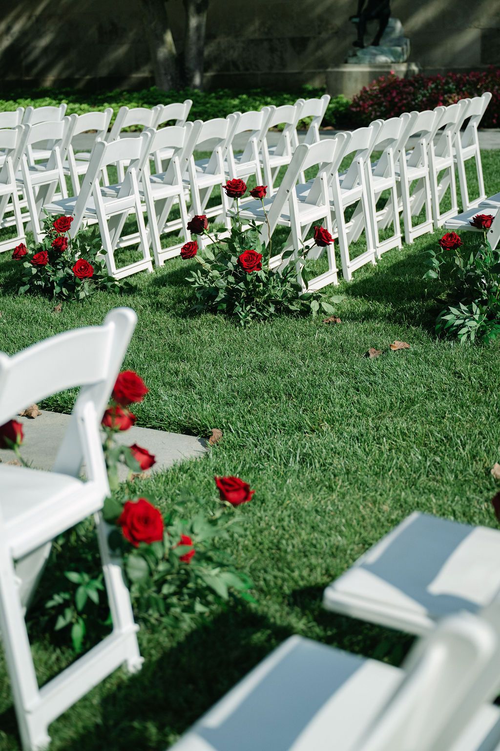 White folding chairs arranged in rows on a green lawn with red roses lining the aisle for an outdoor wedding ceremony.