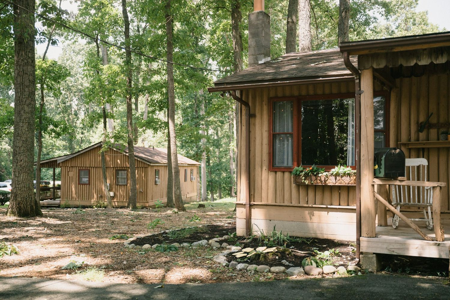Rustic wooden cabins nestled among trees at a woodland retreat.