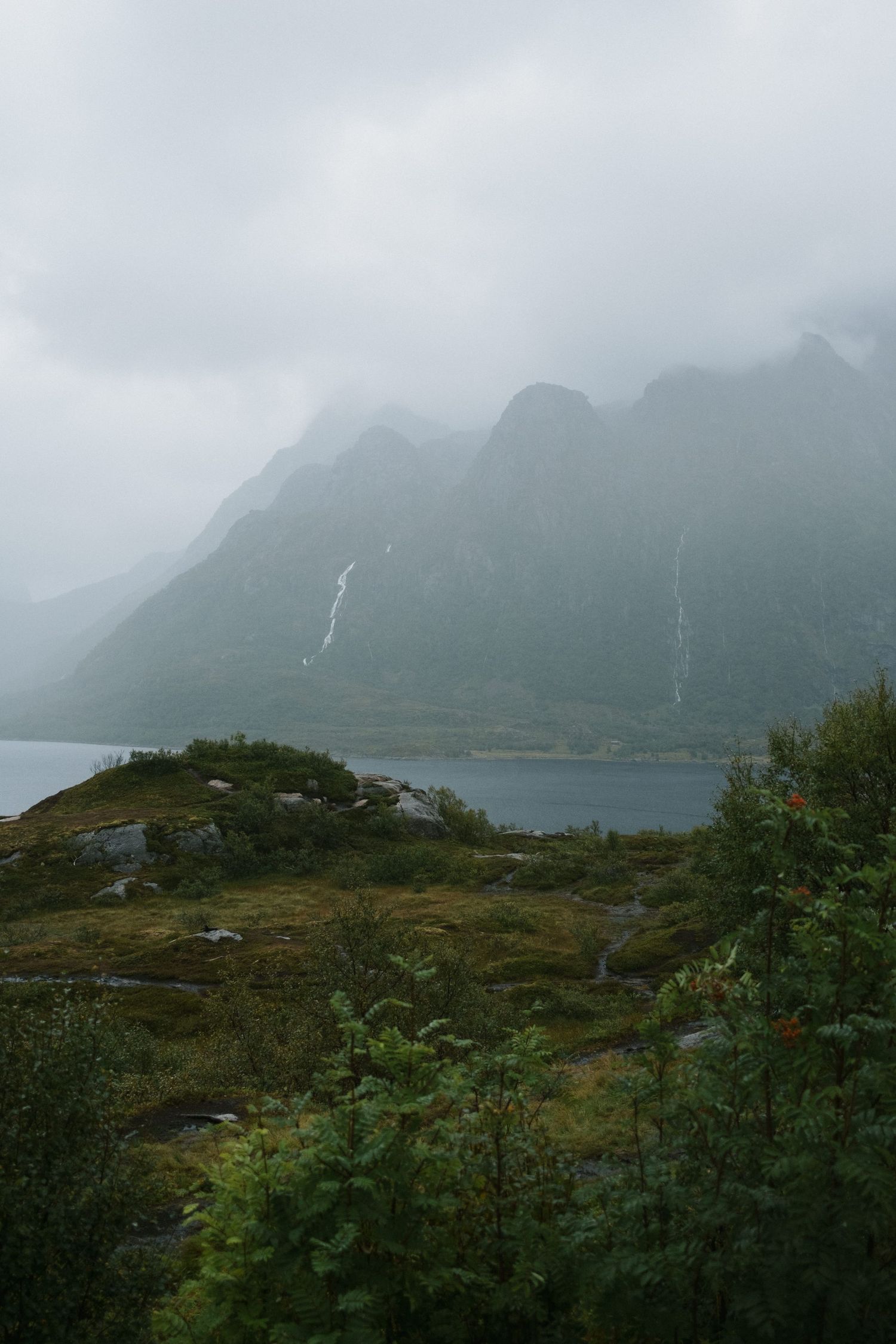 Misty mountain fjord landscape with waterfalls cascading down steep green slopes.
