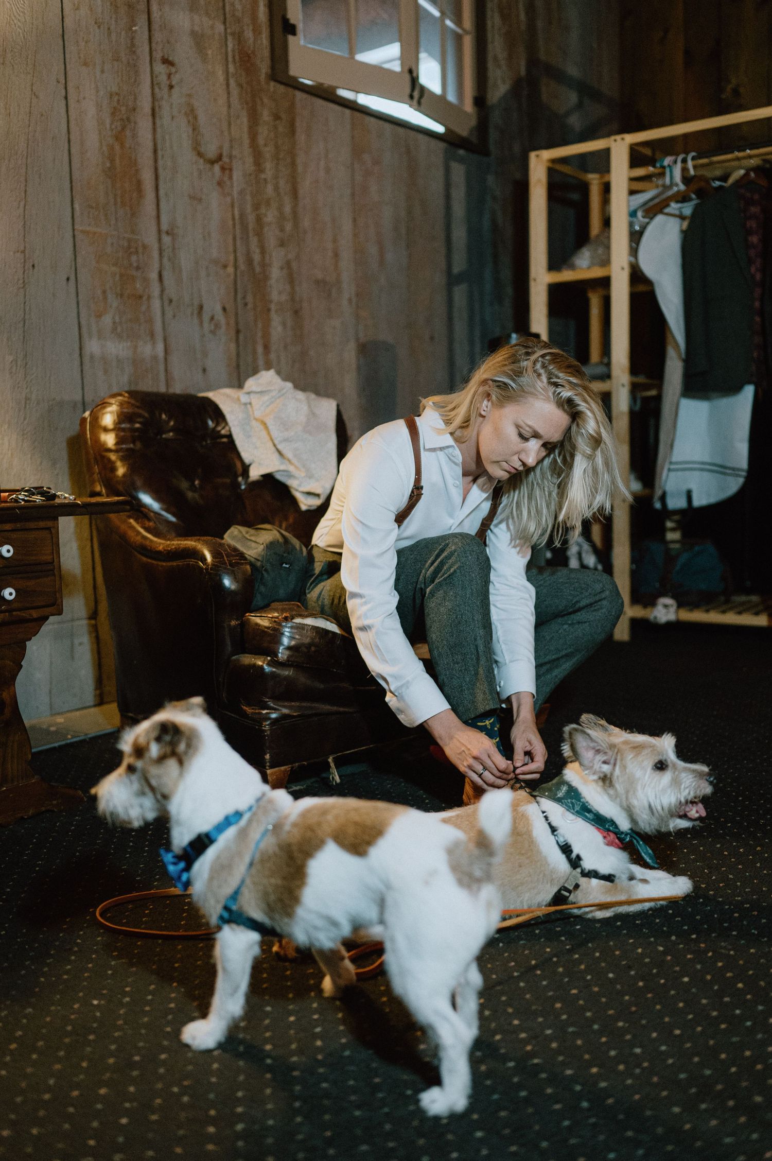 two dogs watching their mom get ready for her wedding