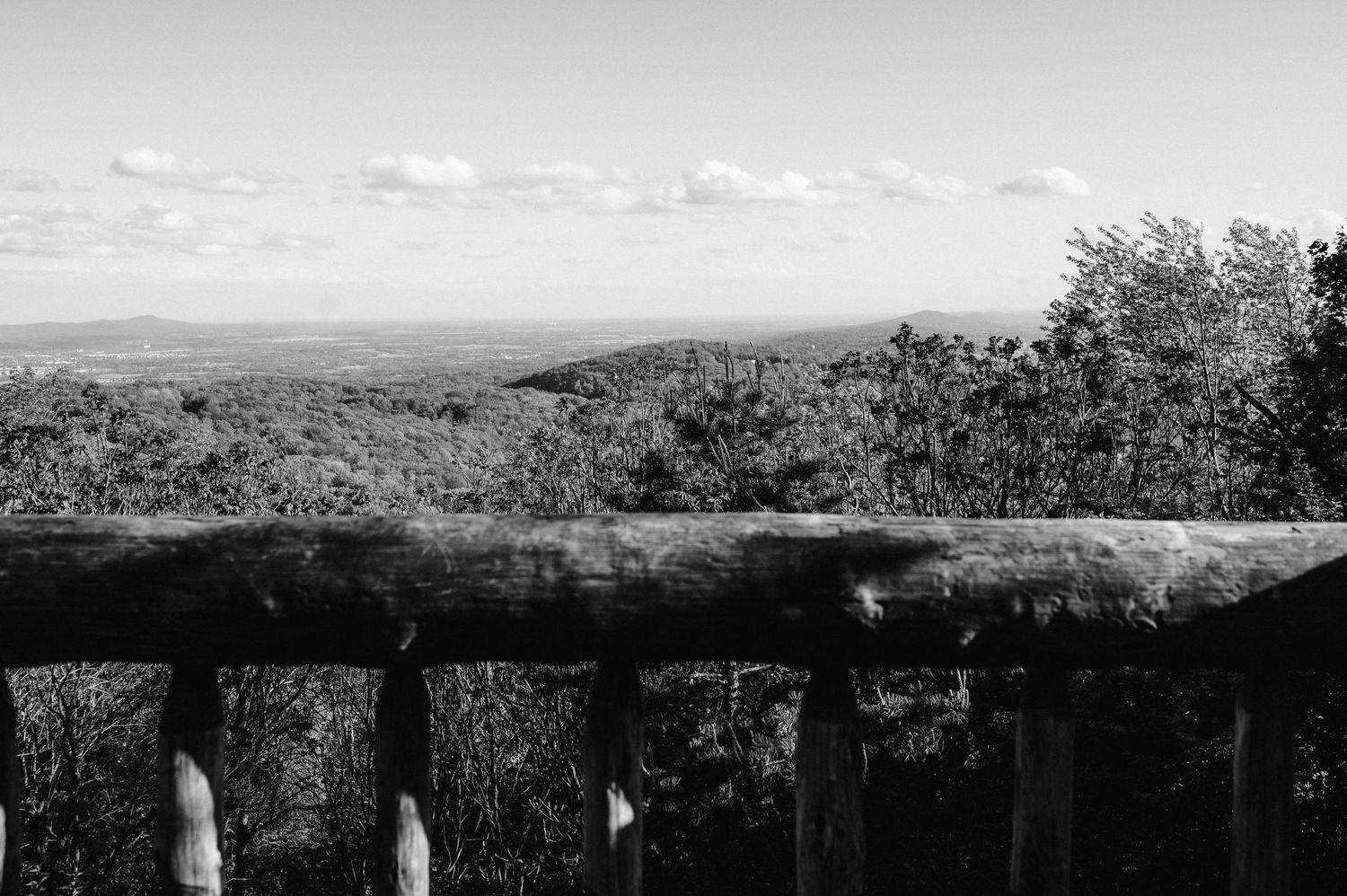 Black and white landscape photograph of mountains and forest viewed from a wooden observation deck.