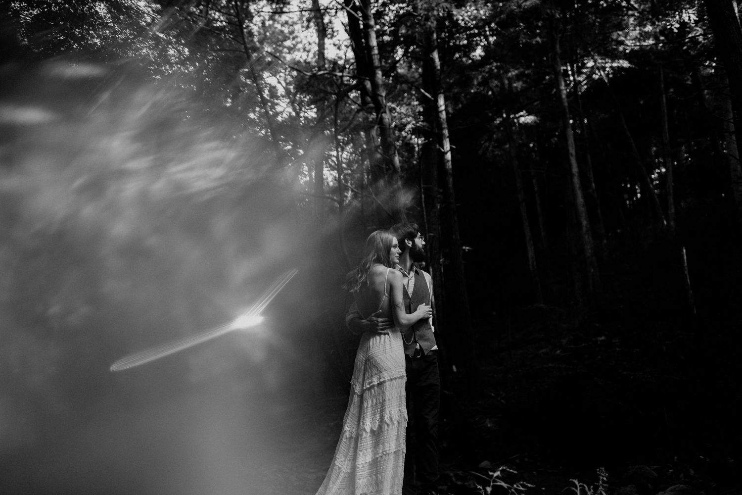 Ethereal black and white forest scene with sunbeams filtering through trees.