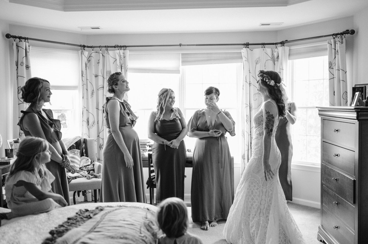 bride and bridesmaids getting ready real wedding at home