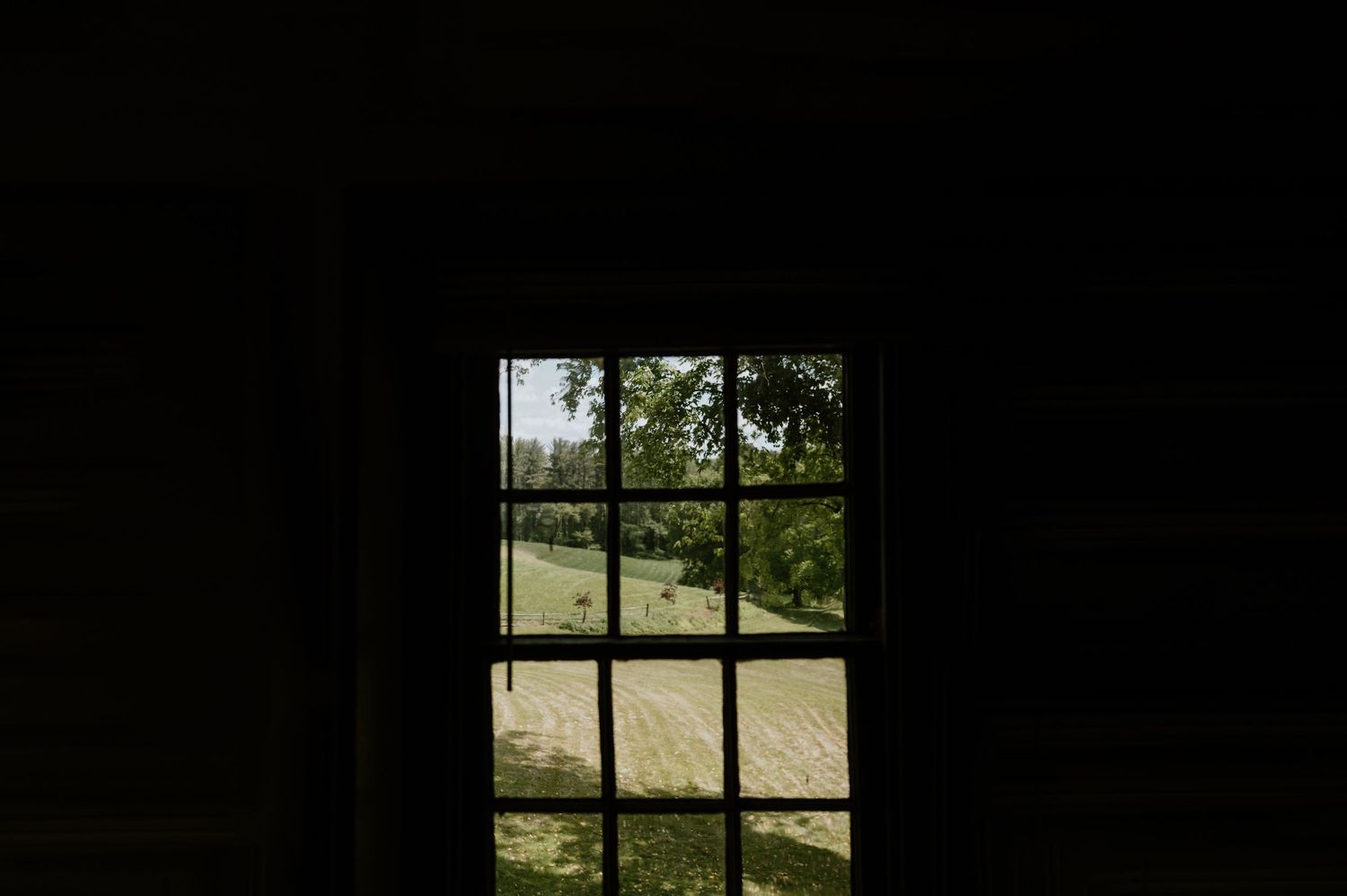 Moody view through a dark window pane looking out to green scenery.