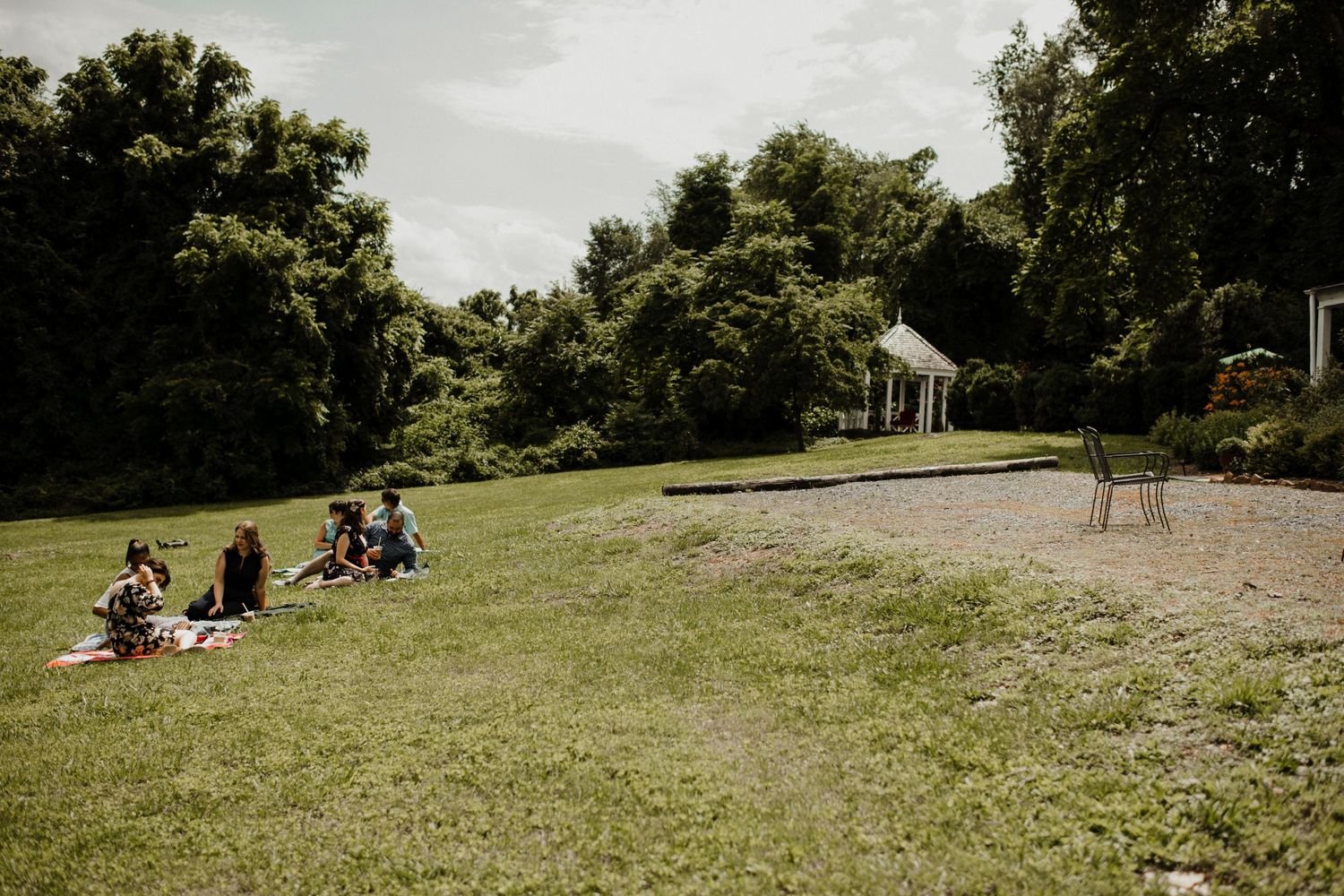 Scenic view of a grassy lawn with trees and gathering area on a sunny day.