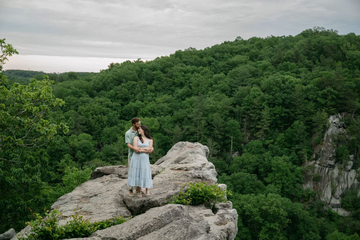 Wide panoramic view of figures on a rocky cliff edge surrounded by dense forest under moody skies.