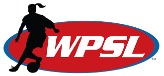 Logo for WPSL women's soccer league featuring black silhouette of female player in red and blue.