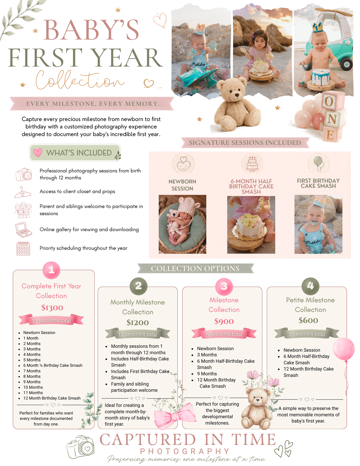 Baby's First Year Collection photography package flyer featuring newborn, milestone, and first birthday cake smash session options.