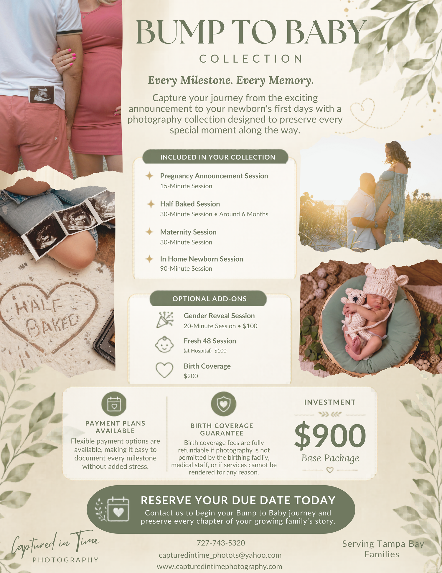 Bump to Baby photography collection flyer featuring newborn and maternity sessions starting at $900 for Tampa Bay families.