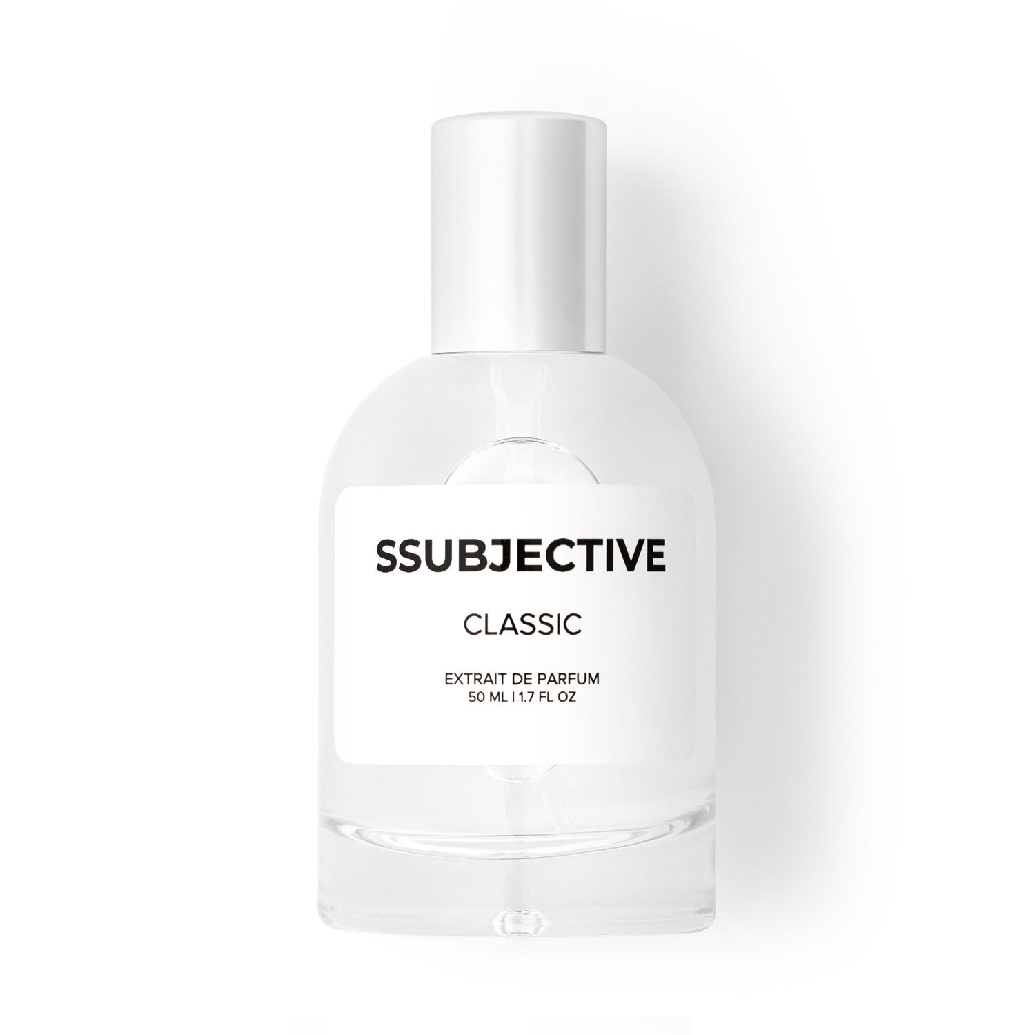 White glass perfume bottle labeled SSUBJECTIVE Classic against white background.