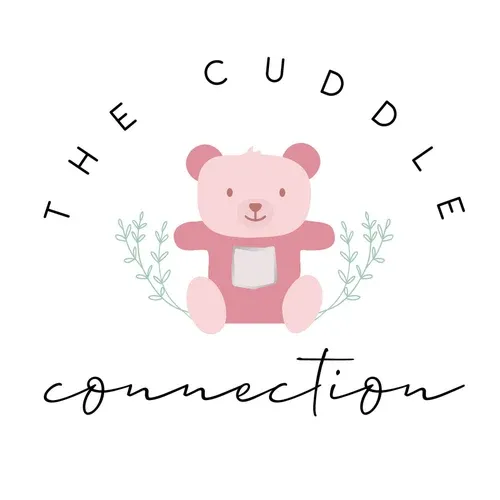 Cute pink teddy bear logo design with floral accents and 'The Cuddle Connection' text in cursive lettering.