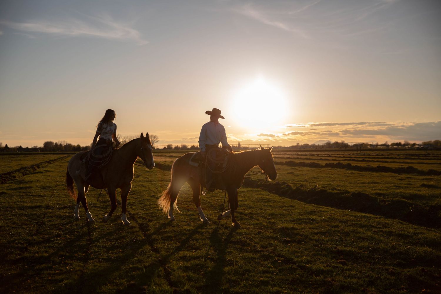 Golden sunset illuminates horses and riders walking through a tranquil countryside landscape.