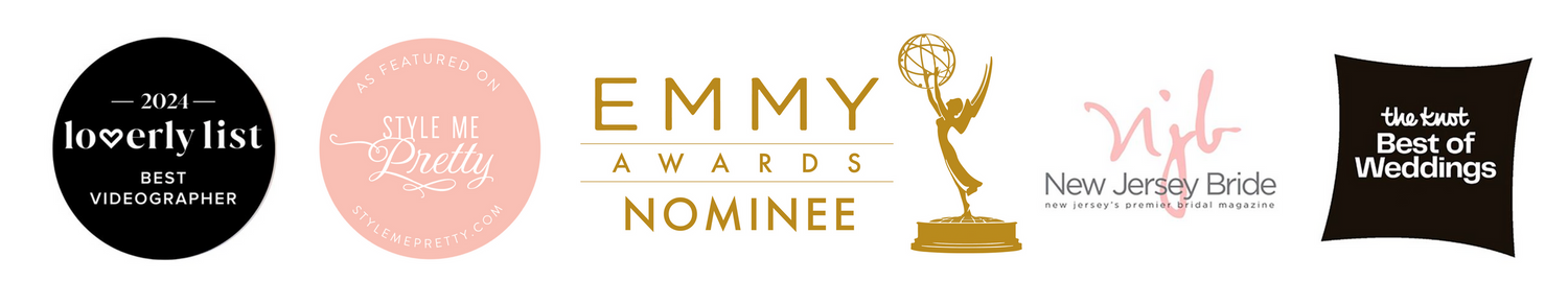 Colorful award badges including Emmy nominee and New Jersey Bride best of weddings for a videographer.