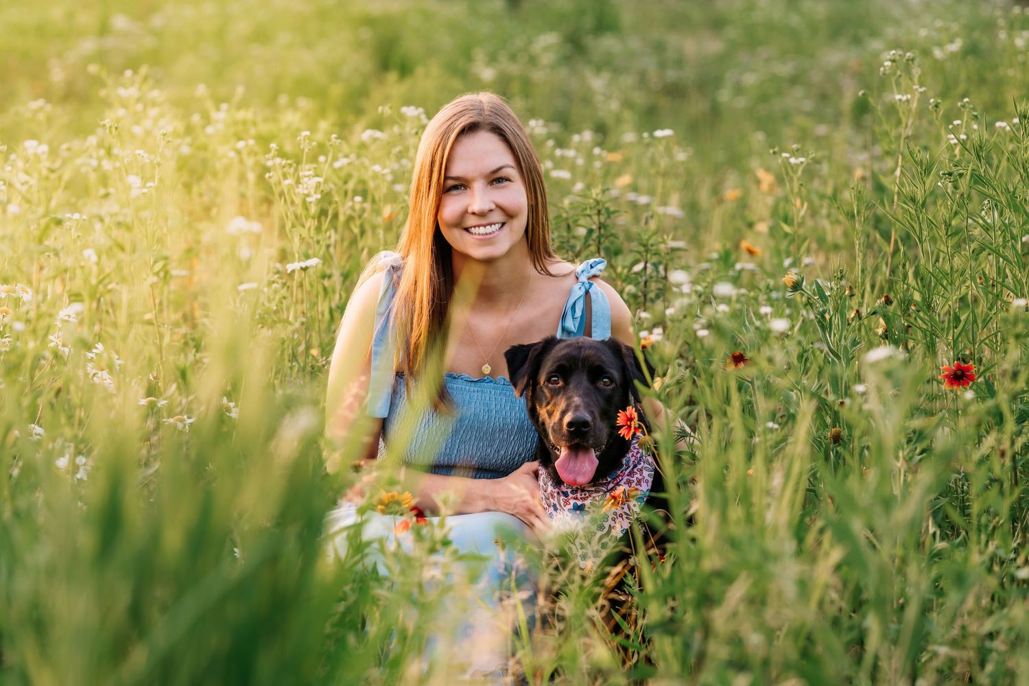 A person in a blue dress sits in a wildflower meadow with a black dog during golden hour. Cincinnati pet photographer near me.