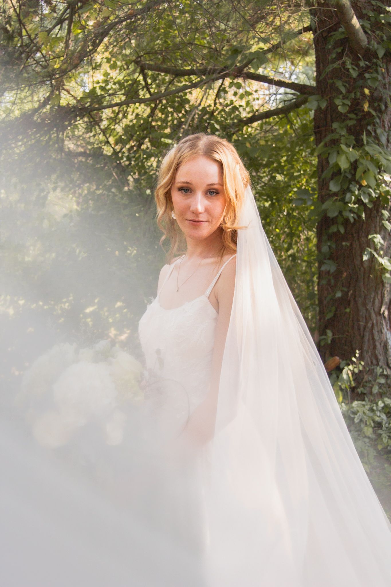 Ethereal bridal portrait with flowing veil against sunlit trees in outdoor setting.