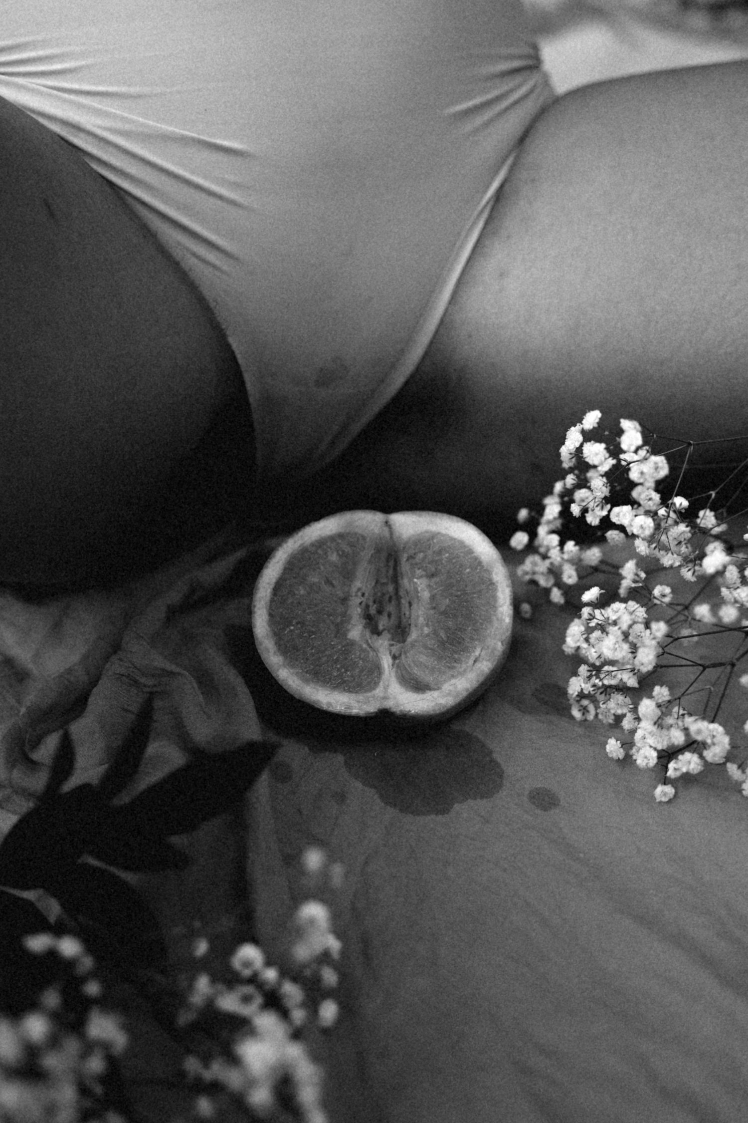 A black and white artistic still life with a halved grapefruit and delicate white baby's breath flowers.