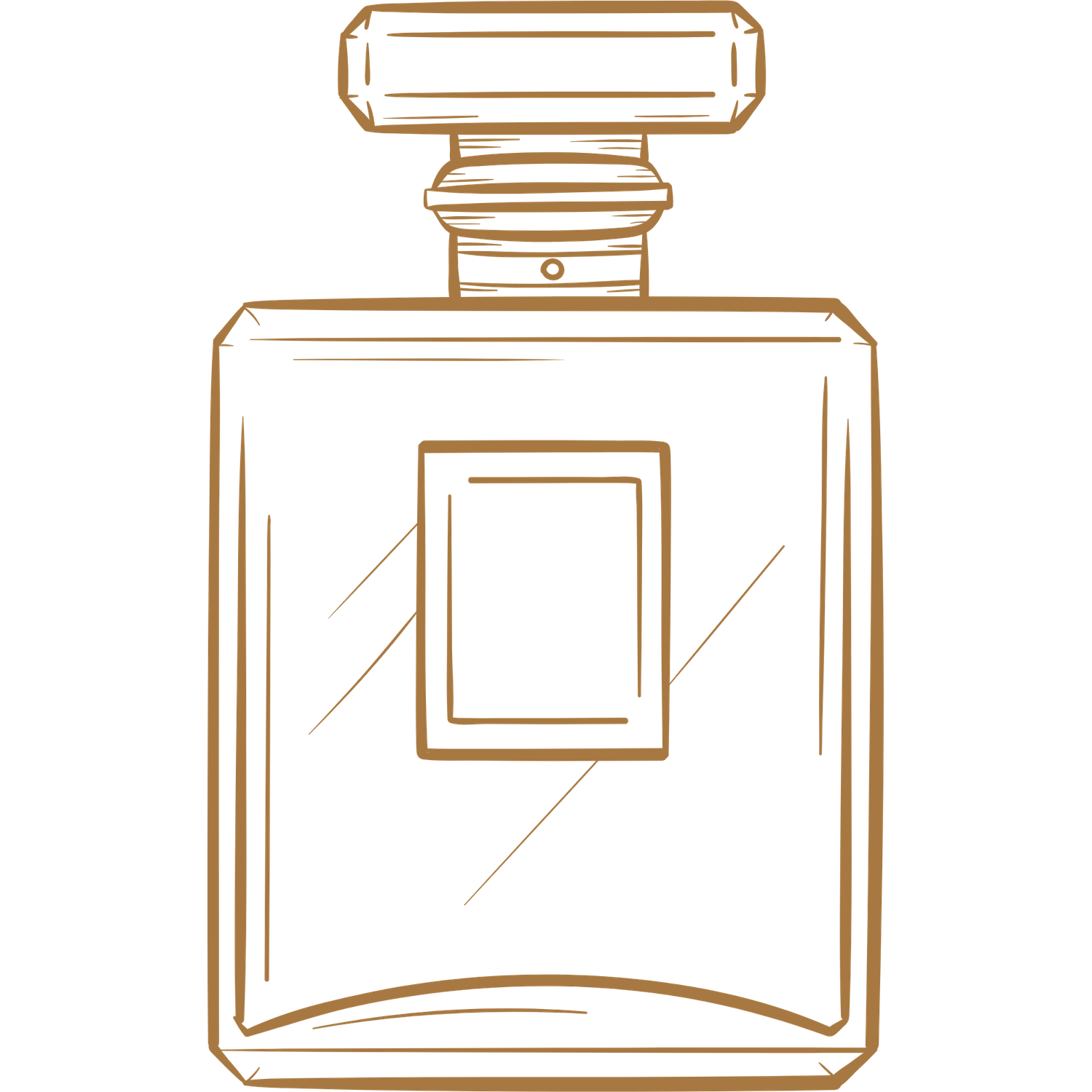Sketch-style luxury perfume bottle illustration in warm golden brown outline art.