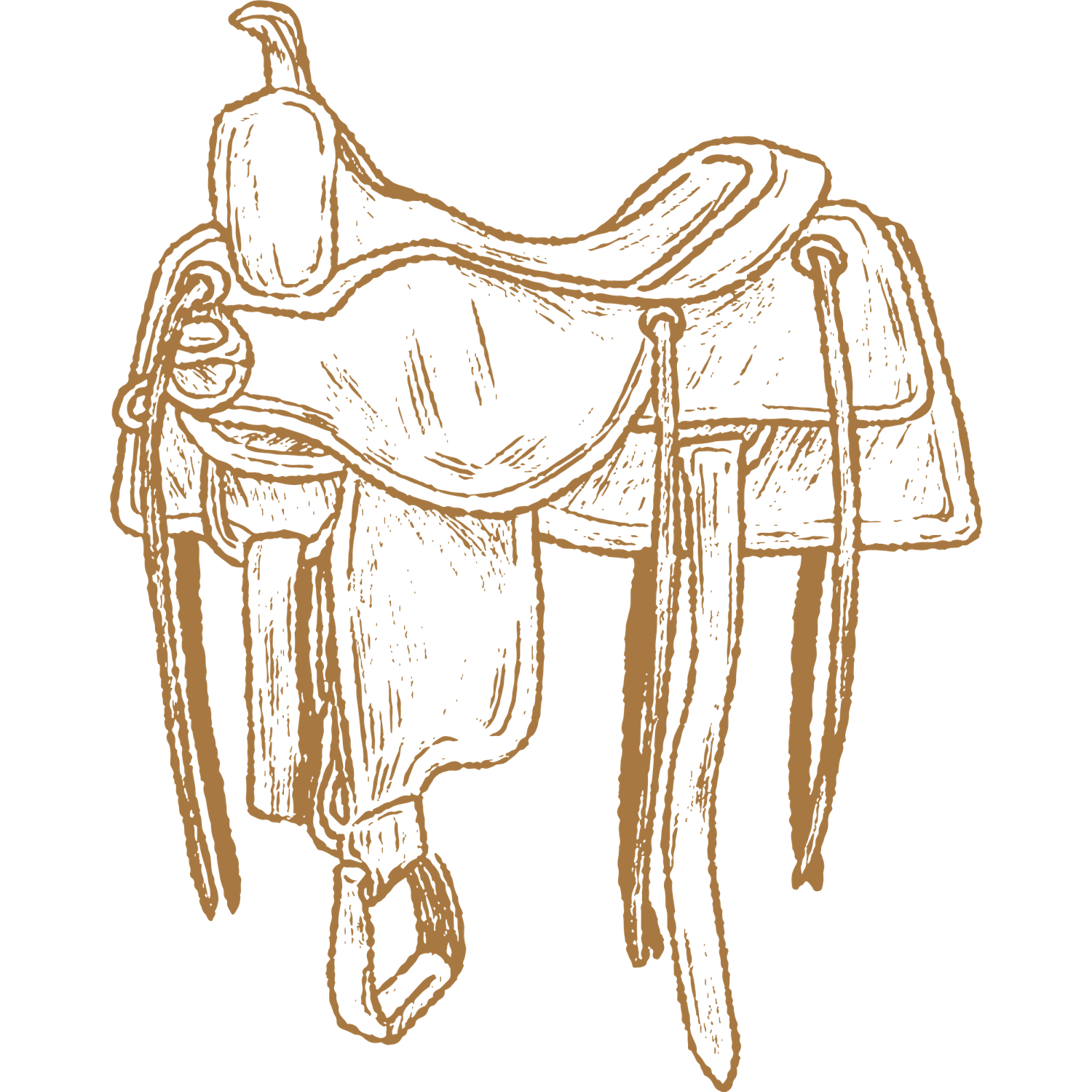 Vintage western saddle illustration in golden brown sketch style with fine details.