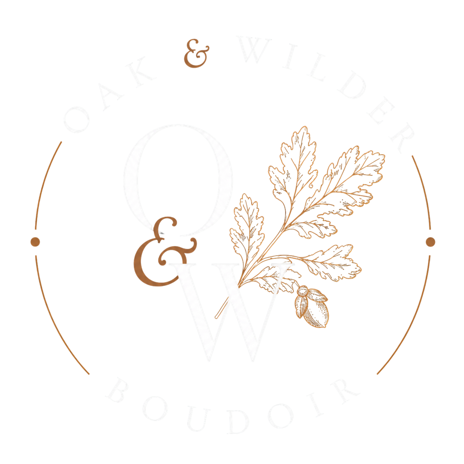 Elegant botanical wedding logo with oak leaf, acorn, and ampersand in warm copper tones.