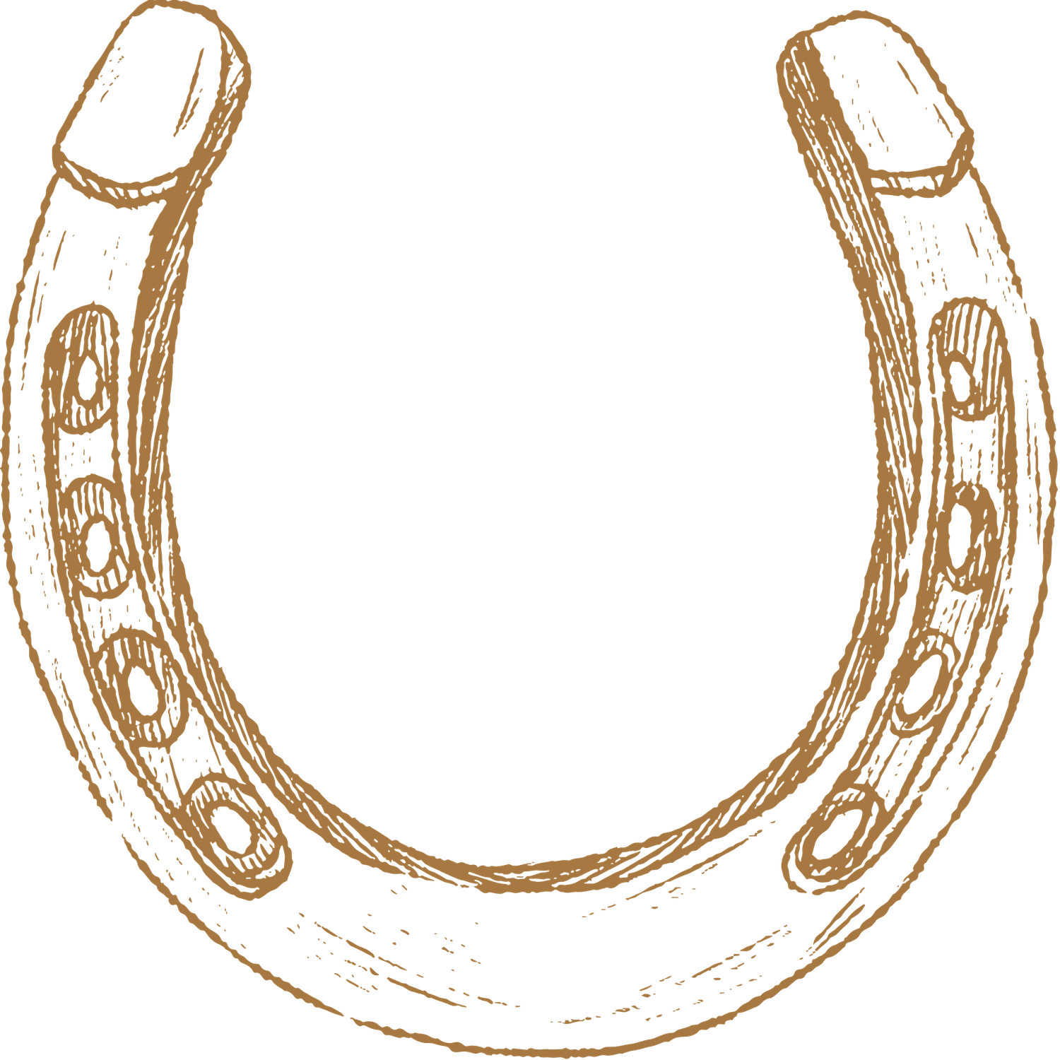 Hand-drawn vintage horseshoe illustration in golden brown ink, symbol of good luck.