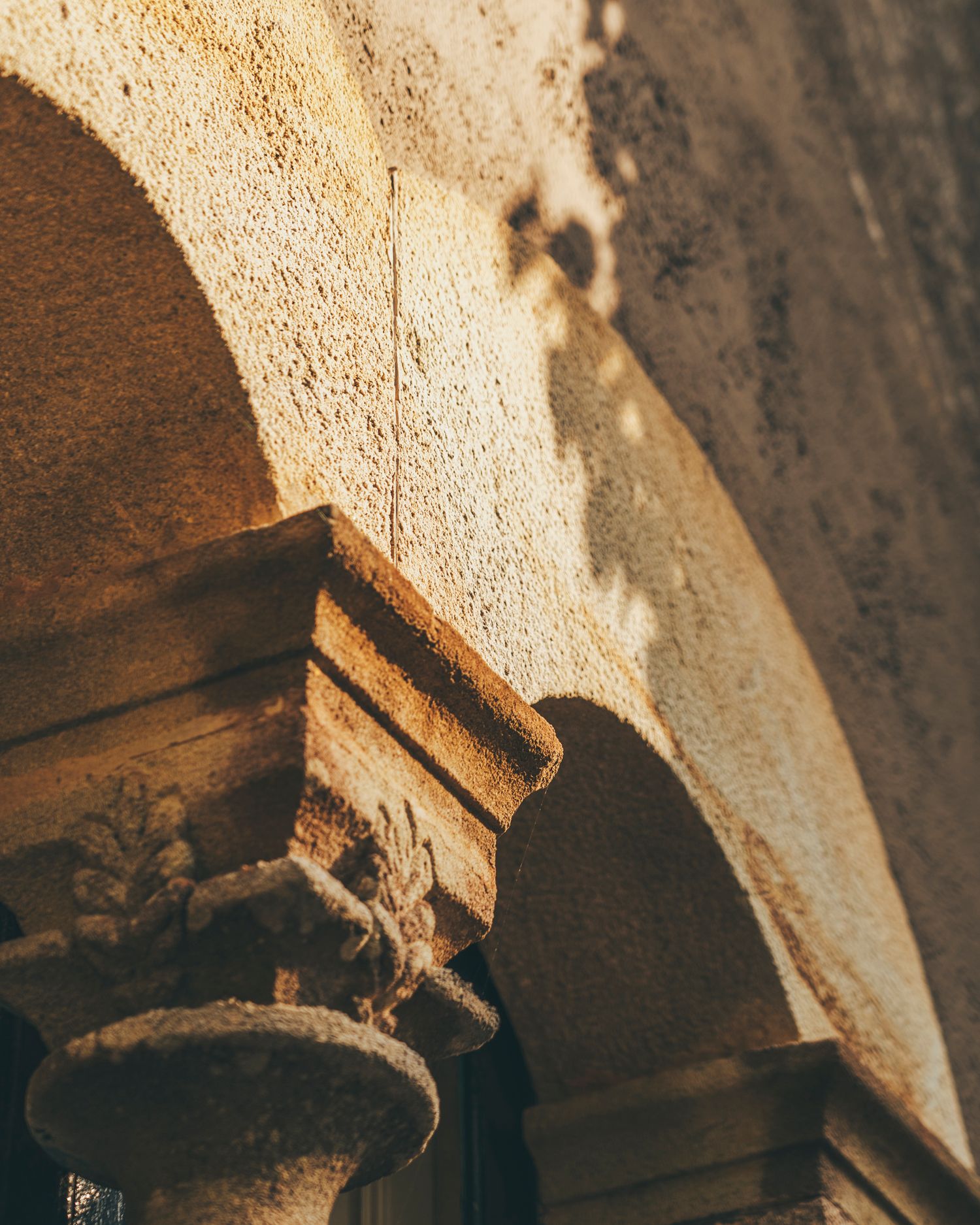 Close-up of ornate stone arch capital with carved floral details bathed in warm golden sunlight on historic building.