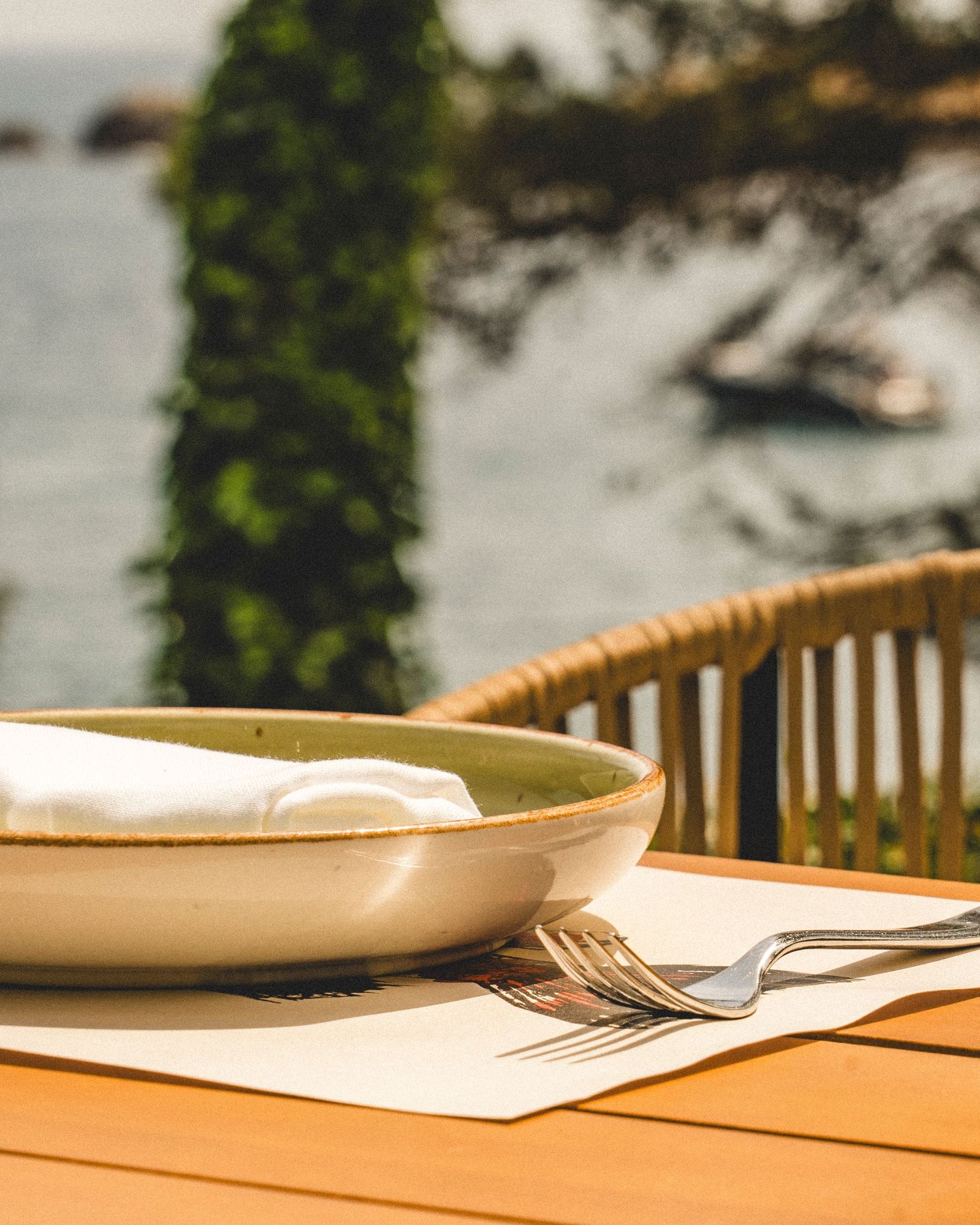 Ceramic bowl with white napkin and silver forks on outdoor waterfront restaurant table.