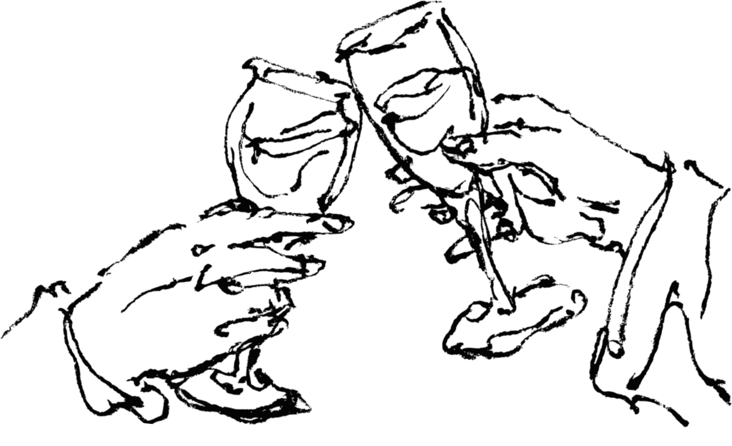 Black and white sketch of hands clinking wine glasses in a celebratory toast.