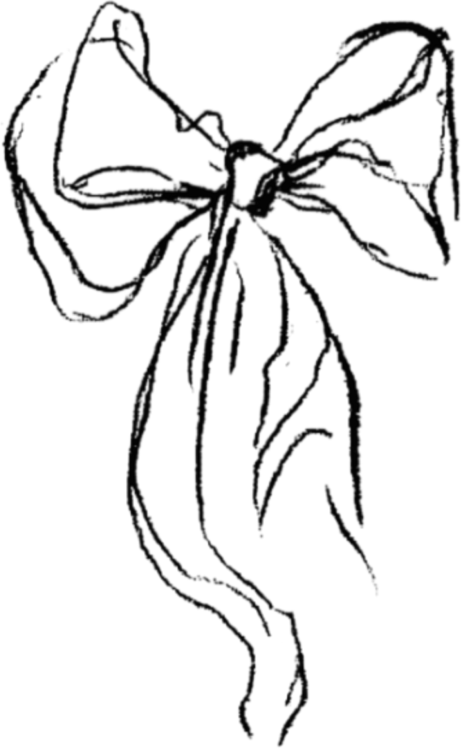 Black and white sketch of an elegant ribbon bow with flowing tails, hand-drawn in ink style.