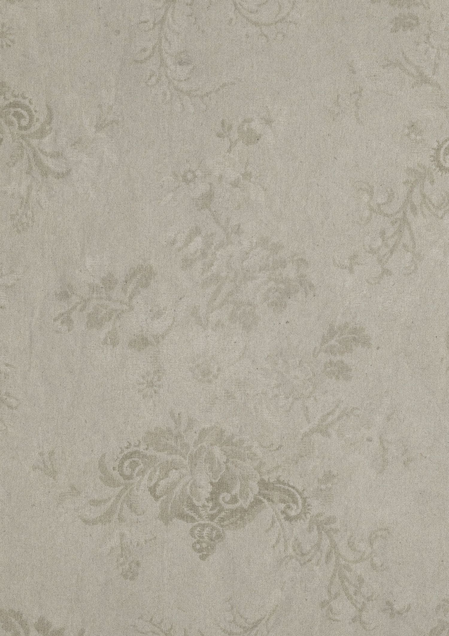 Subtle sage green floral damask pattern on soft gray textured wallpaper with elegant vintage botanical motifs.
