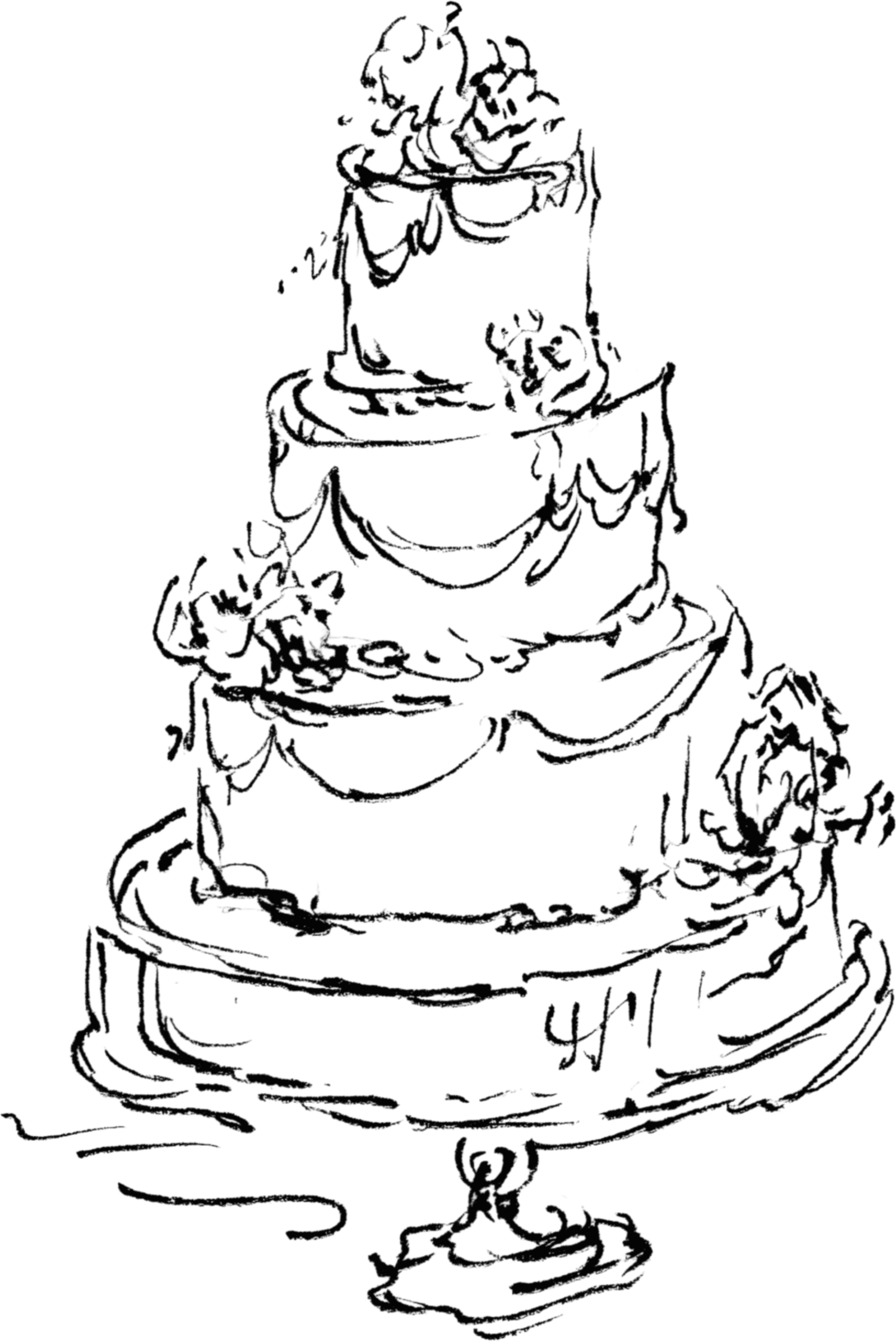 Black and white sketch illustration of an elegant three-tiered wedding cake with floral decorations and bride and groom topper.