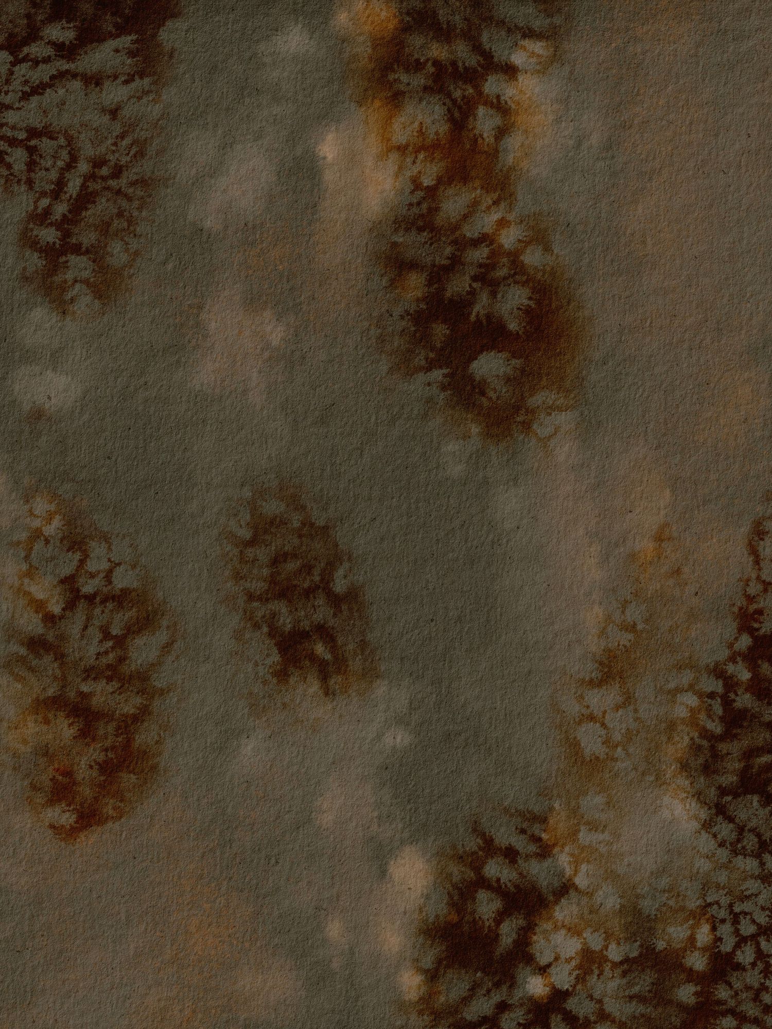 Abstract aerial view of dark evergreen trees with warm brown and amber tones on a muted olive background.
