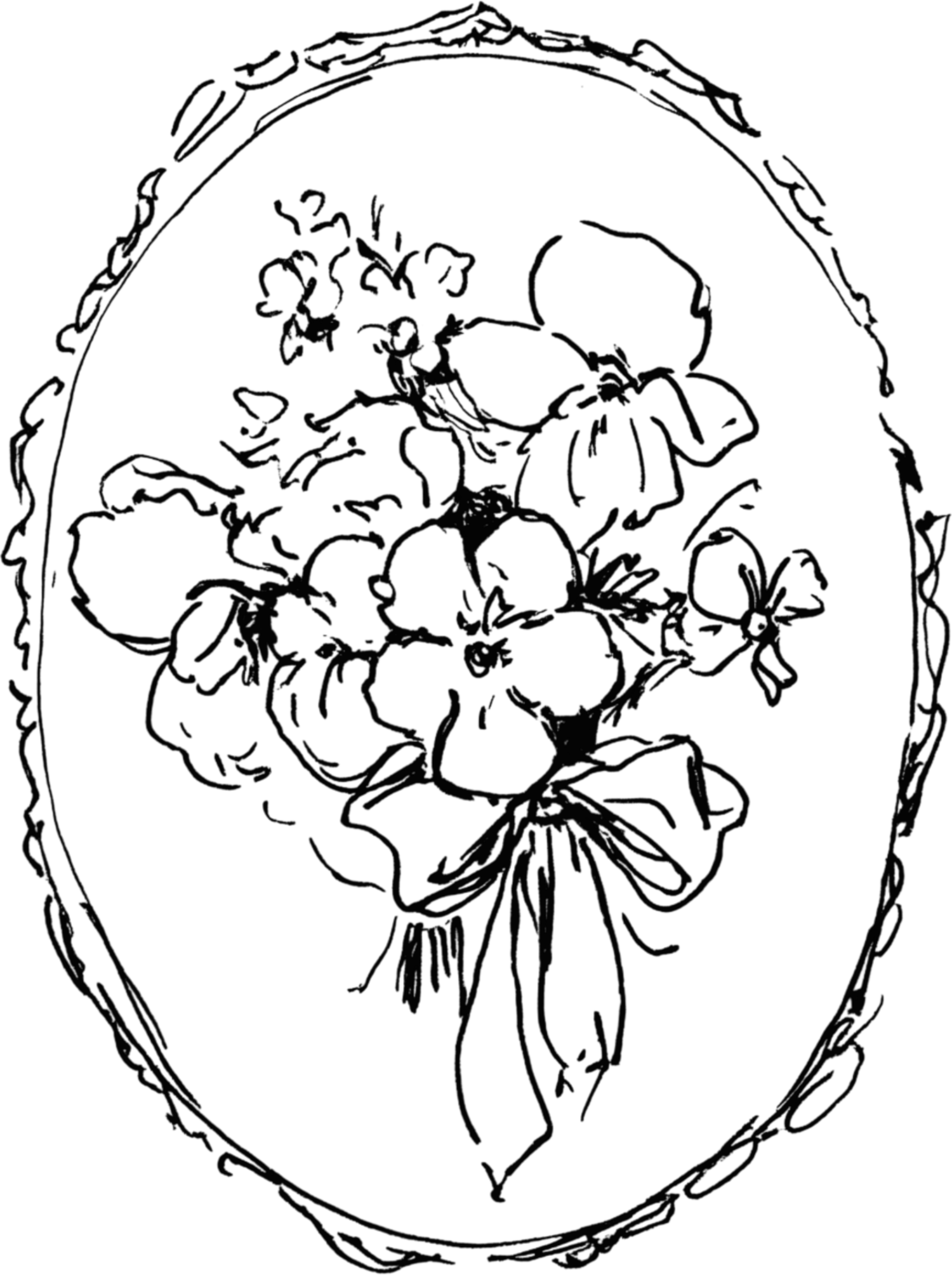 Black and white line drawing of a floral bouquet tied with a ribbon, enclosed in an ornate oval frame.
