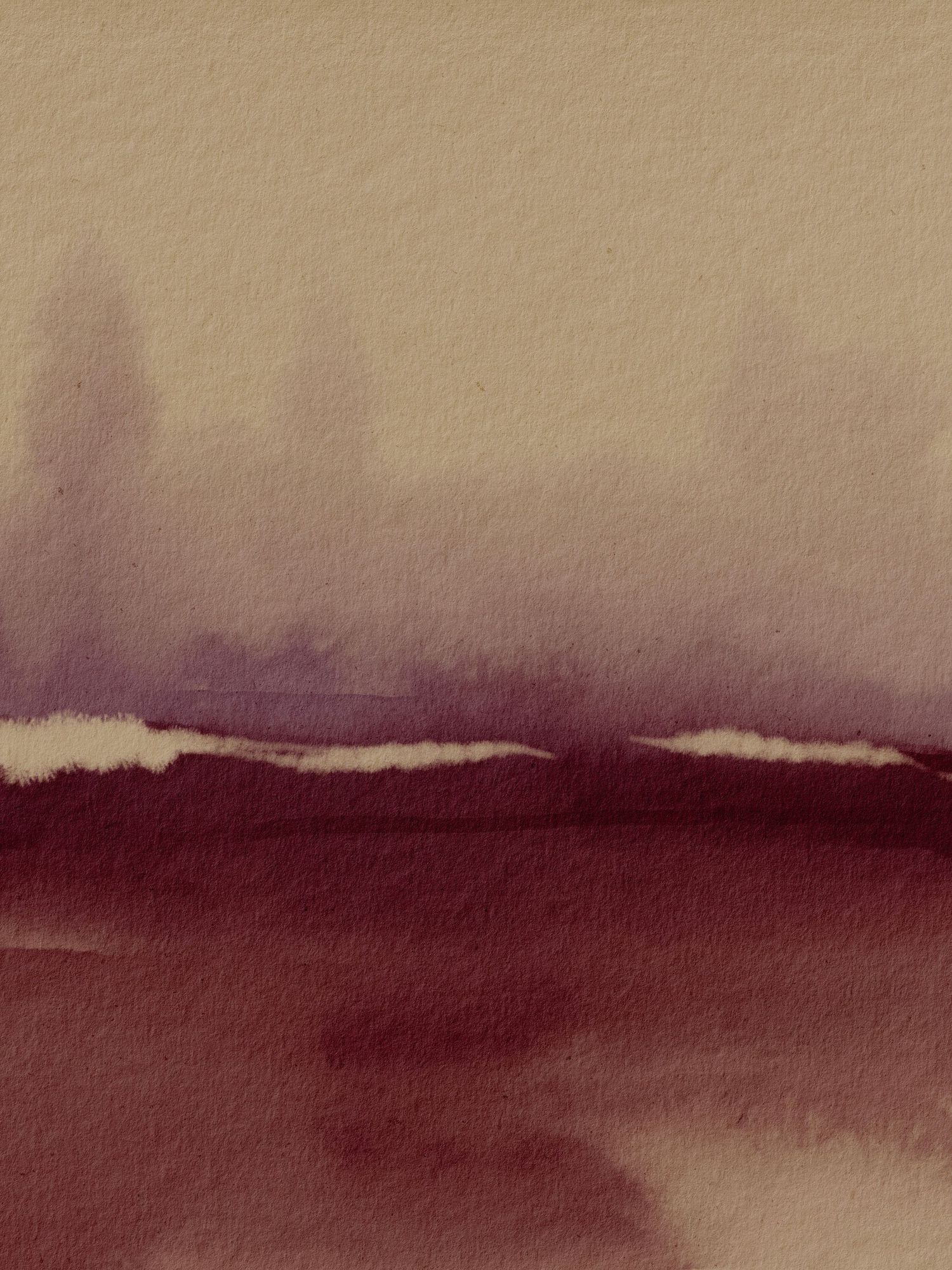 Abstract watercolor landscape painting in deep burgundy and muted gold tones with misty trees and layered horizon.