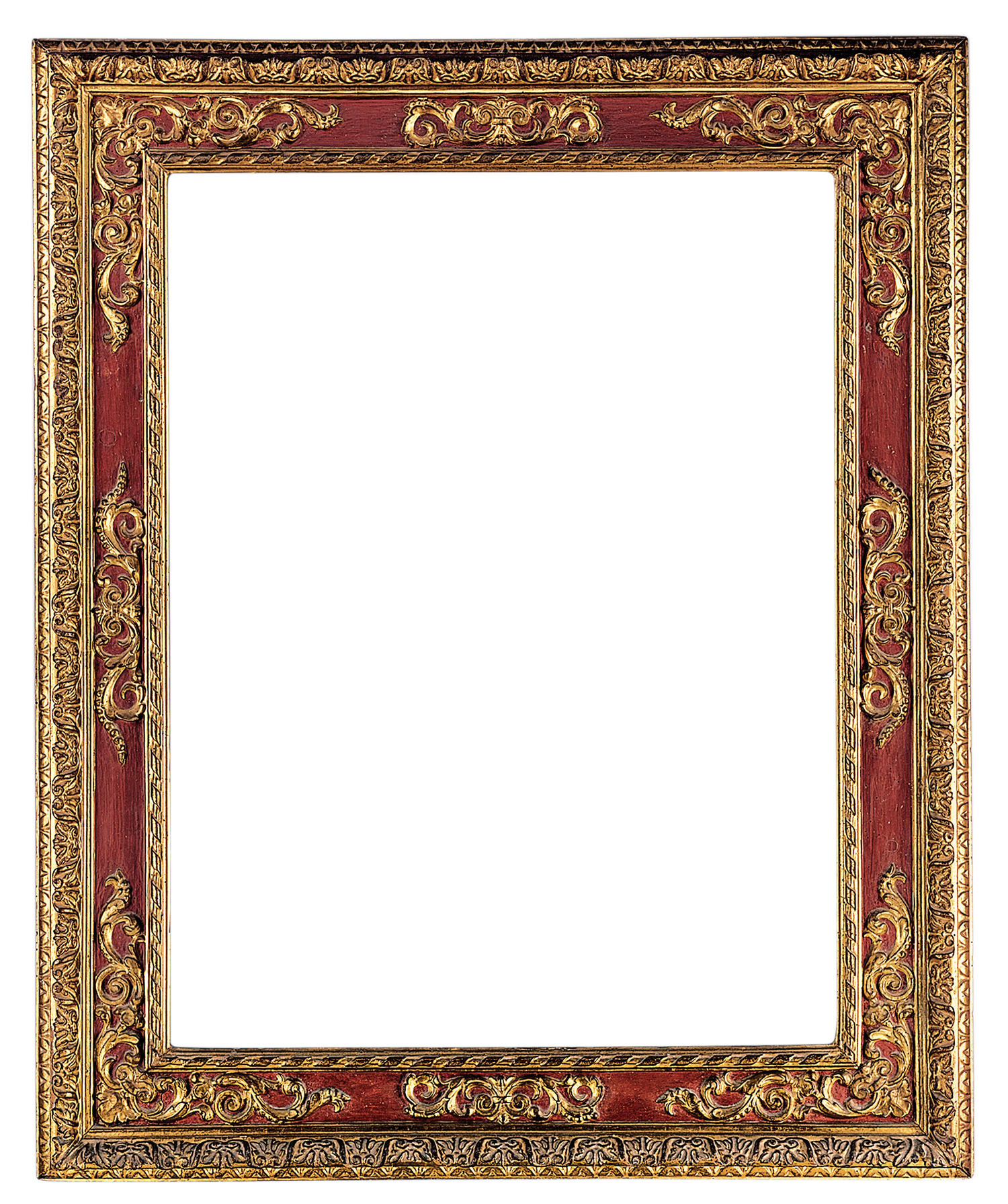 Ornate gold and red picture frame with intricate baroque scrollwork and floral carvings, isolated on white background.
