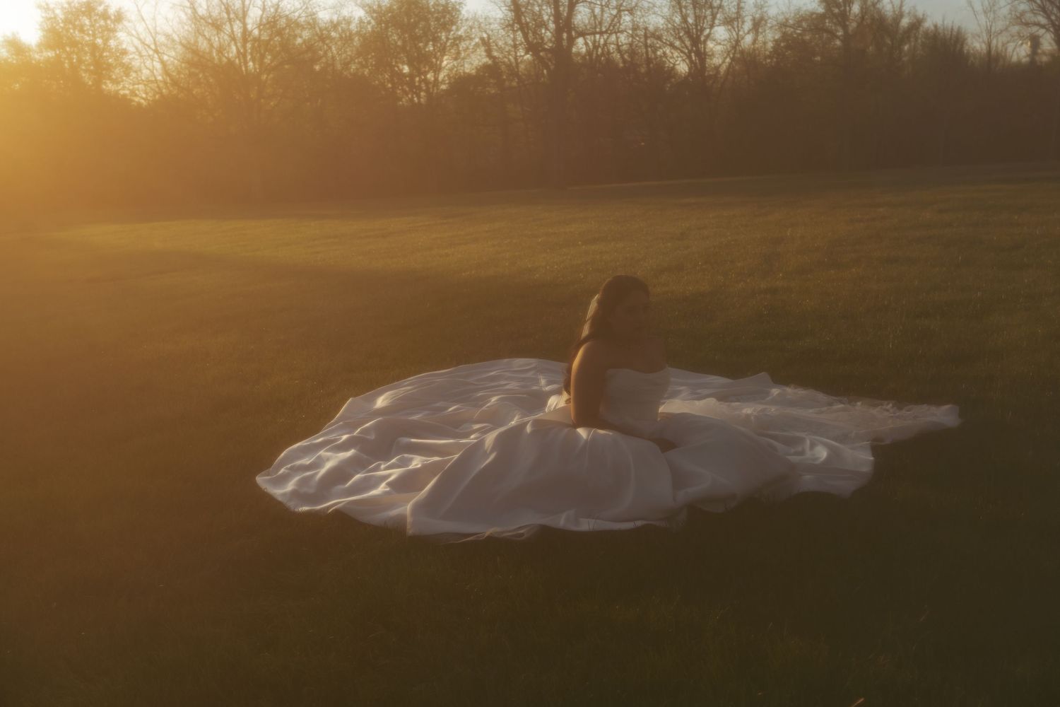 A bride in a white gown sits alone in a sunlit field at golden hour, her dress spread gracefully around her.