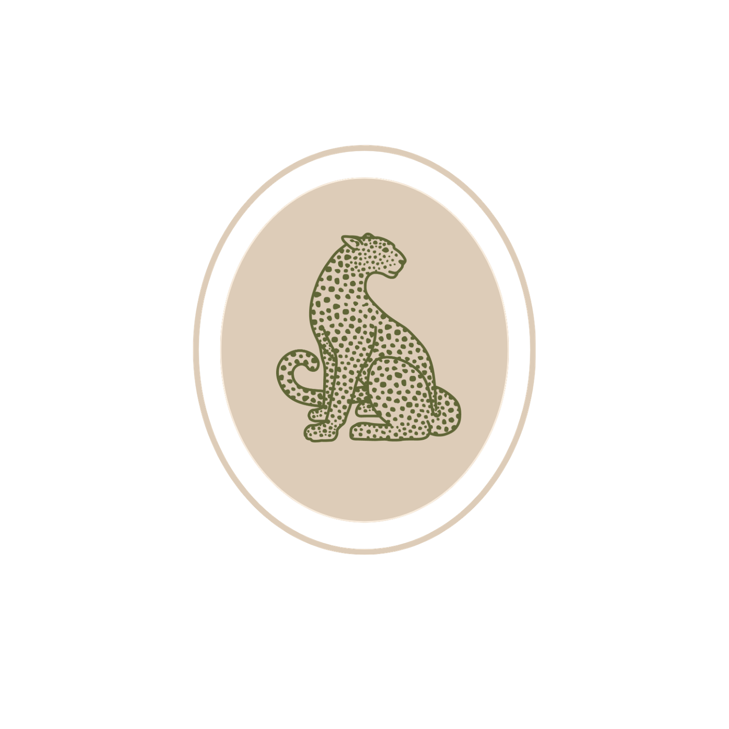 Elegant minimalist logo featuring a seated leopard illustration in olive green on a beige oval background with a gold border.