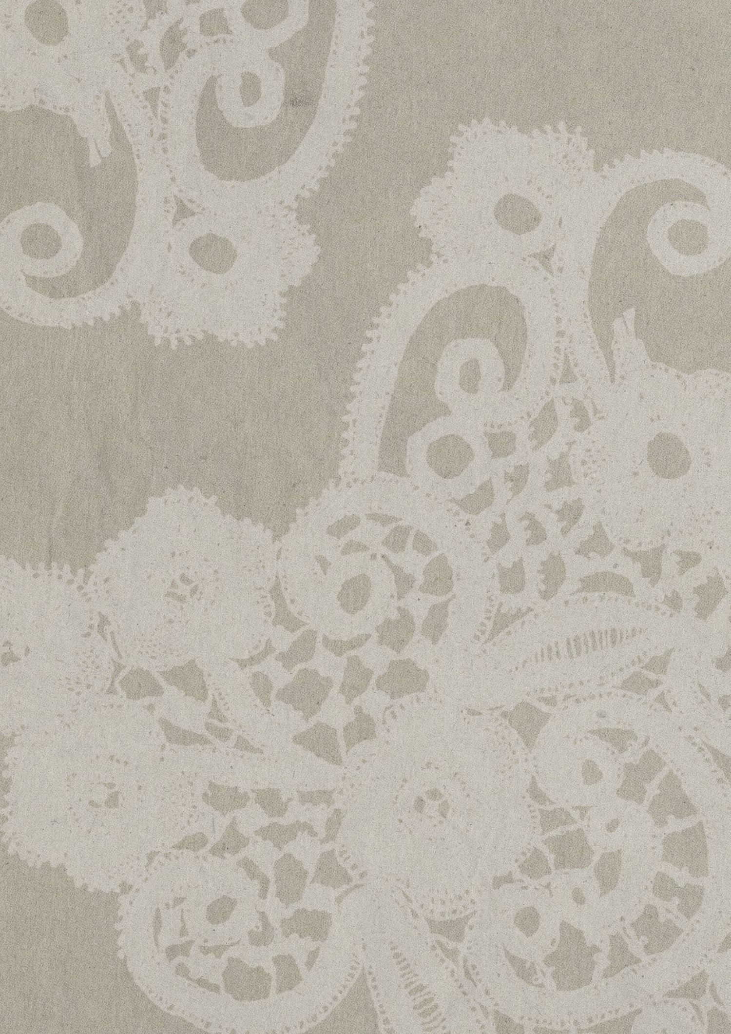 Elegant white lace floral pattern on a soft gray background, featuring intricate paisley and swirl designs.