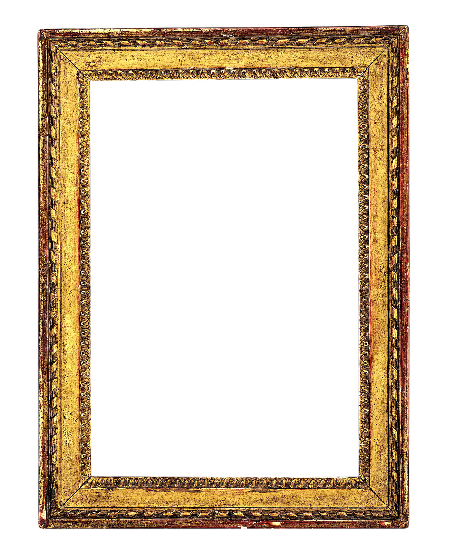 Ornate gold and red wooden picture frame with decorative carved details, isolated on white background.